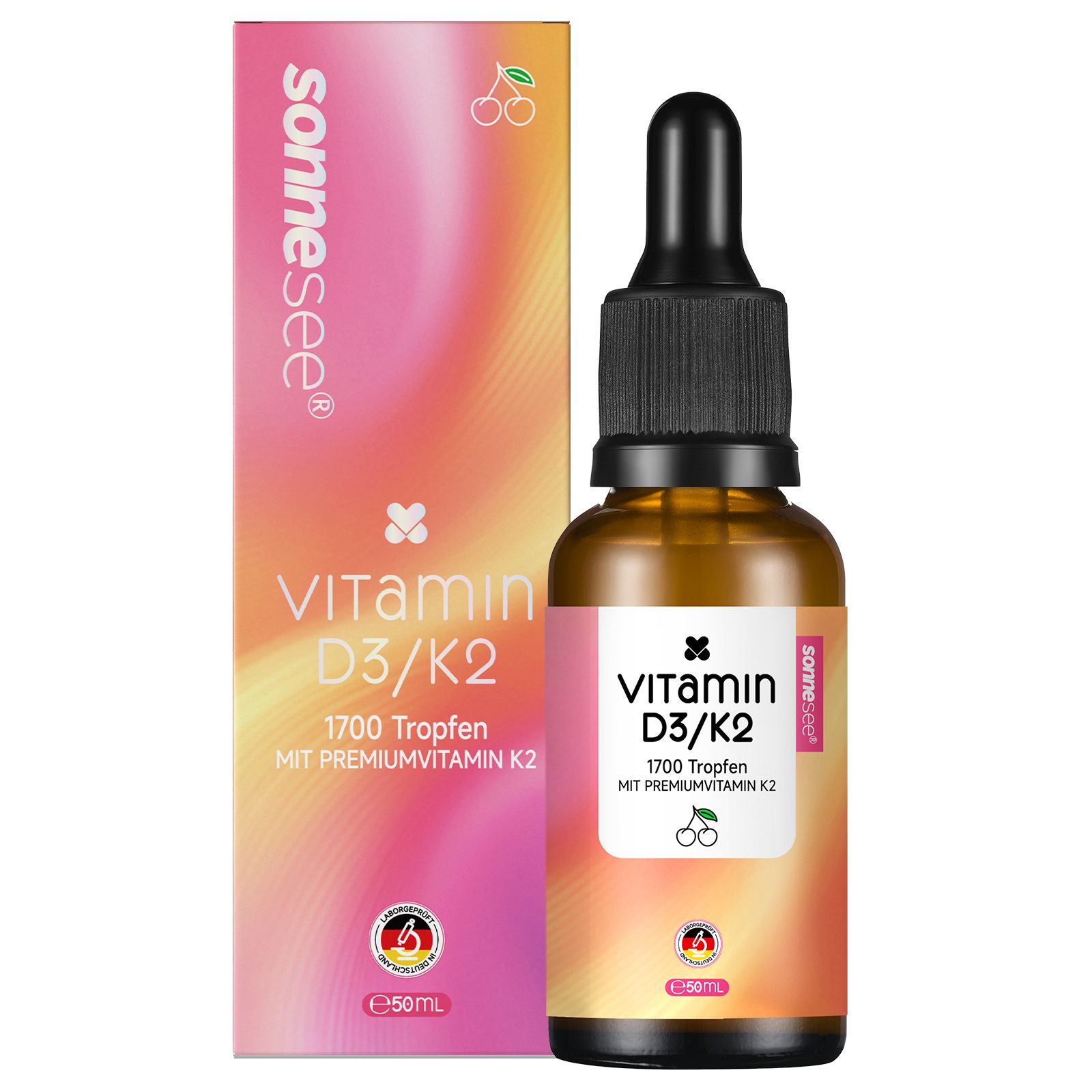 Flasche und Karton mit Sonnesee Vitamin D3/K2 Tropfen Kirsche.