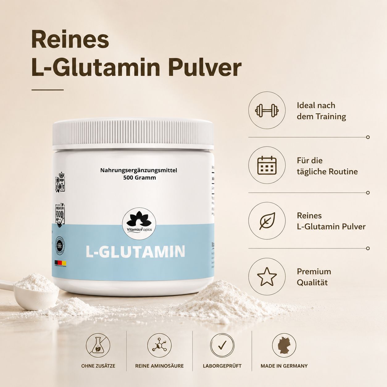 Dose L-Glutamin Pulver 500g, Löffel mit Pulver. Icons: Reine Aminosäuren, Laborgeprüft, Premium Qualität, Made in Germany.