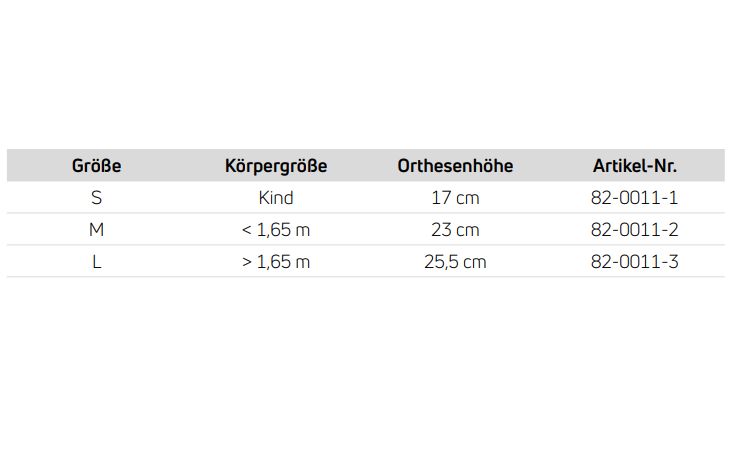 Tabellarische Größenangaben für Knöchelorthese. Größen S, M, L. Körpergröße und Orthesenhöhe.