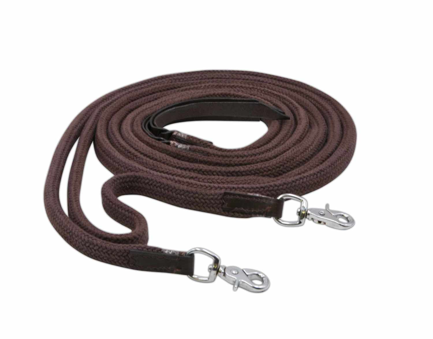 Braune AMKA Westernzügel Split Reins. Geflochtenes Seil mit Lederdetails und zwei Karabinerhaken.