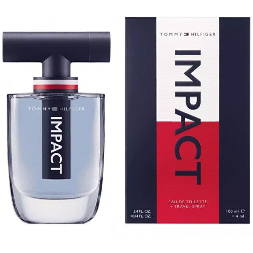 Tommy Hilfiger Impact Eau de Toilette Flakon und Verpackung. Schwarzer Verschluss, Aufschrift IMPACT. Verpackung mit roter und weißer Schrift.