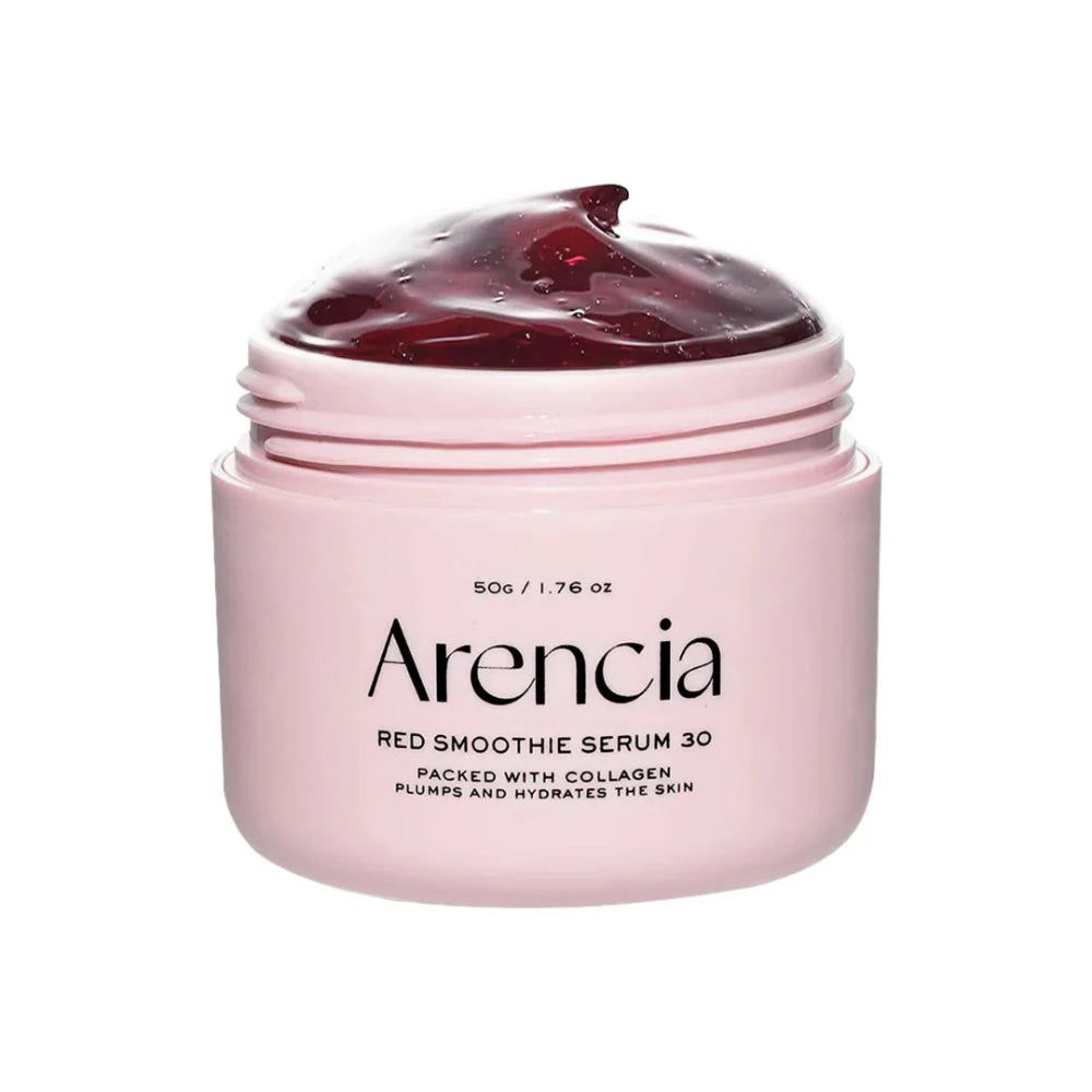 Rosa Tiegel mit rotem Serum. Aufschrift: Arencía, Red Smoothie Serum 30. Text: Packed with Collagen, Plumps and Hydrates the Skin.