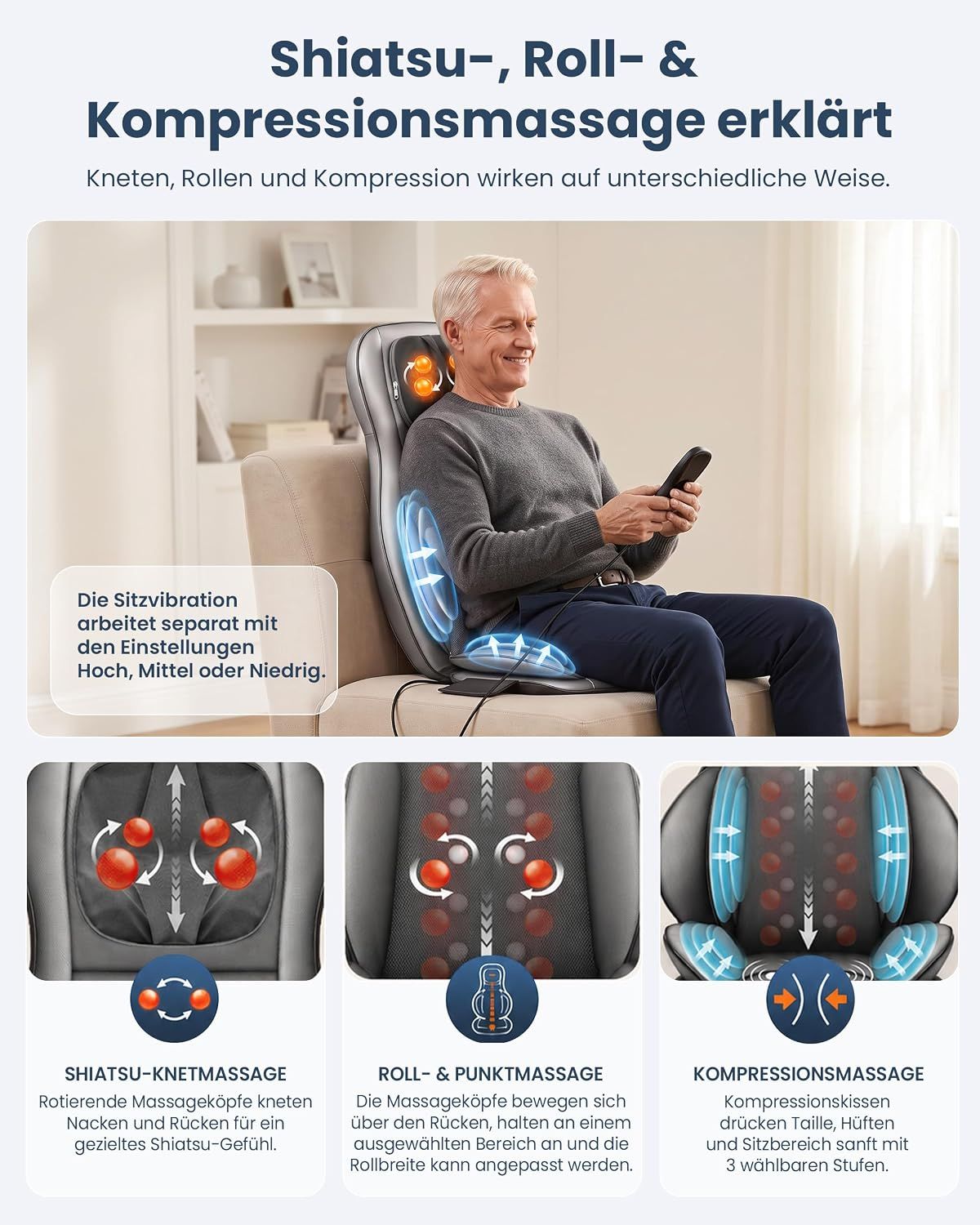 Mann auf einem Stuhl mit Shiatsu-, Roll- und Kompressionsmassage.