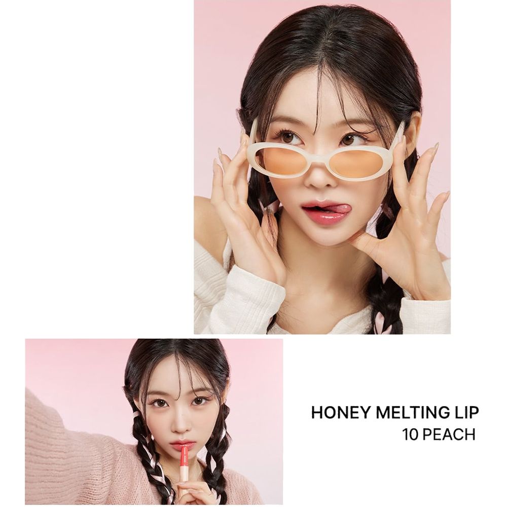 Frau mit Zöpfen, Sonnenbrille und Lippenstift. Text: HONEY MELTING LIP 10 PEACH.