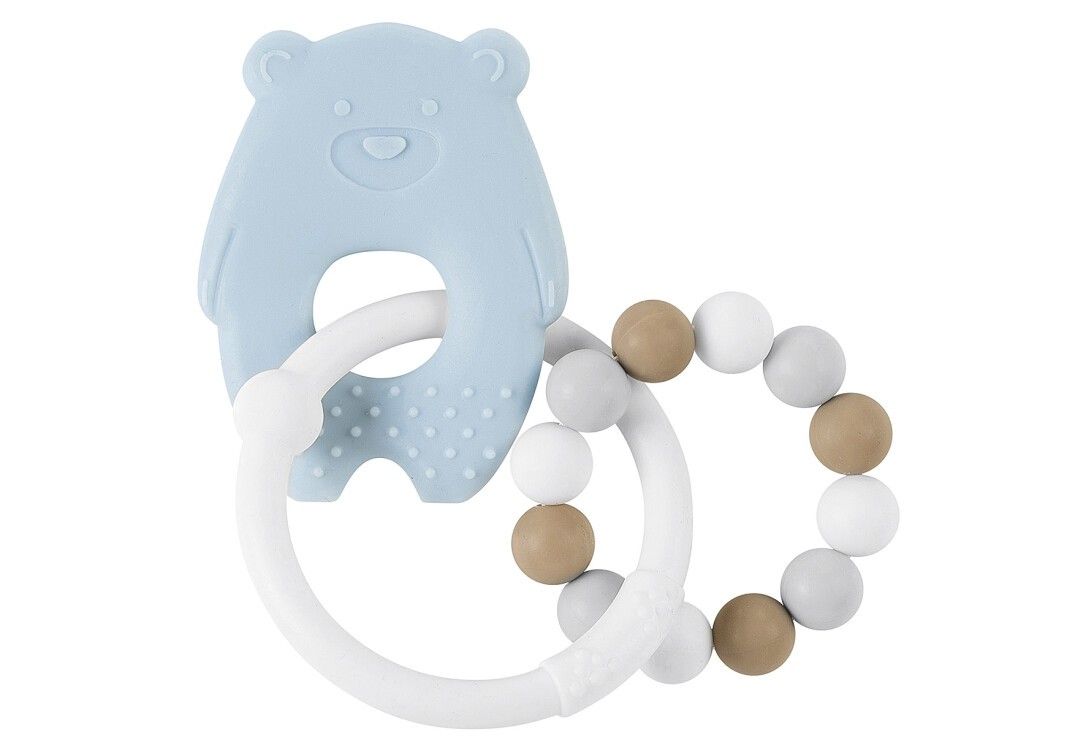 Blauer Bär-Beißring mit weißem Ring und Perlen. Der Bär hat ein Loch in der Mitte. Zwei weitere Ringe mit Perlen sind befestigt.