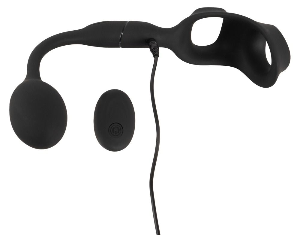 Schwarzer Penisring mit Hodenring und Analplug. Mit Fernbedienung und Ladekabel.