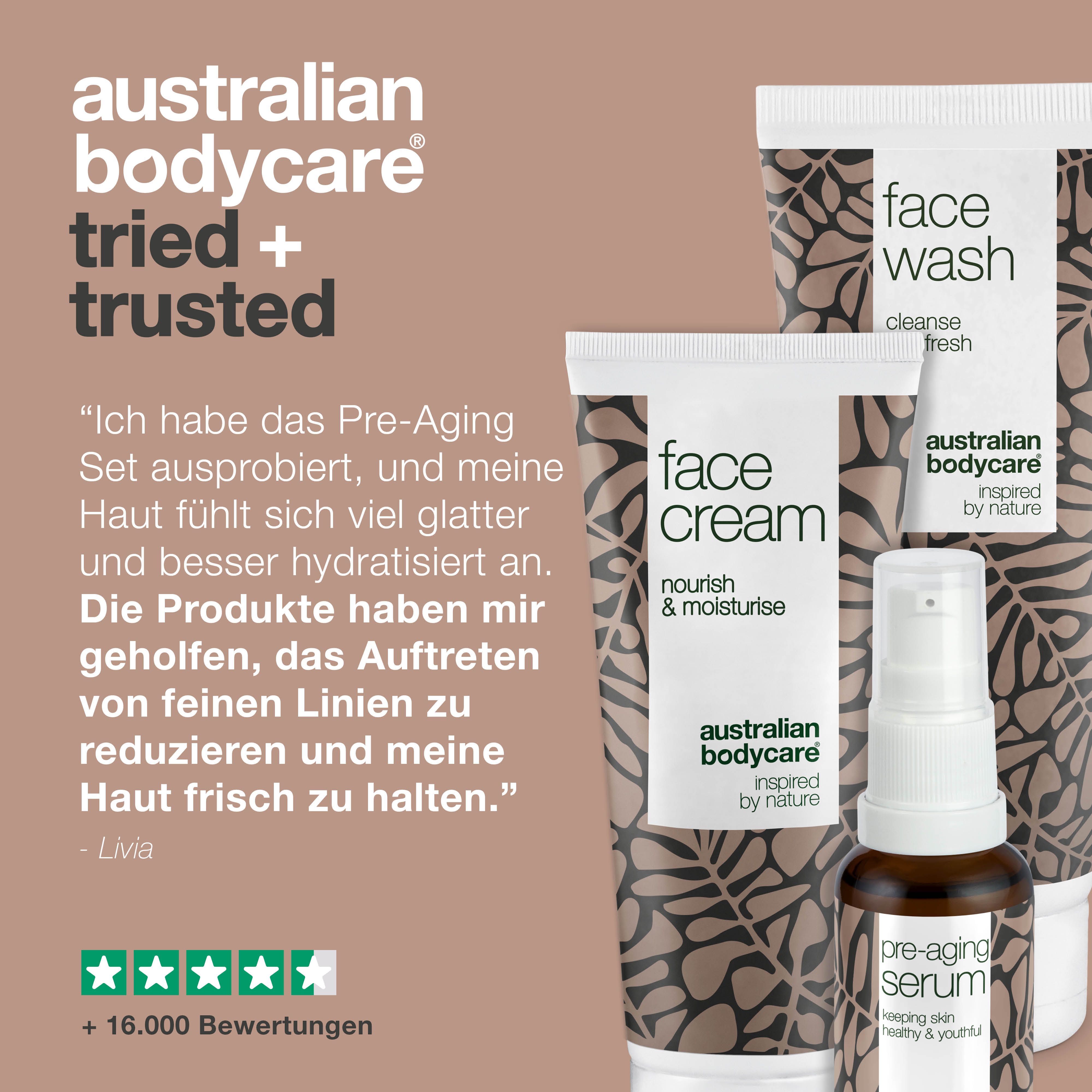 Drei Produkte: Face Wash, Face Cream, Pre-Aging Serum. Text: Erfahrungsbericht mit 5 Sternen und über 16.000 Bewertungen.