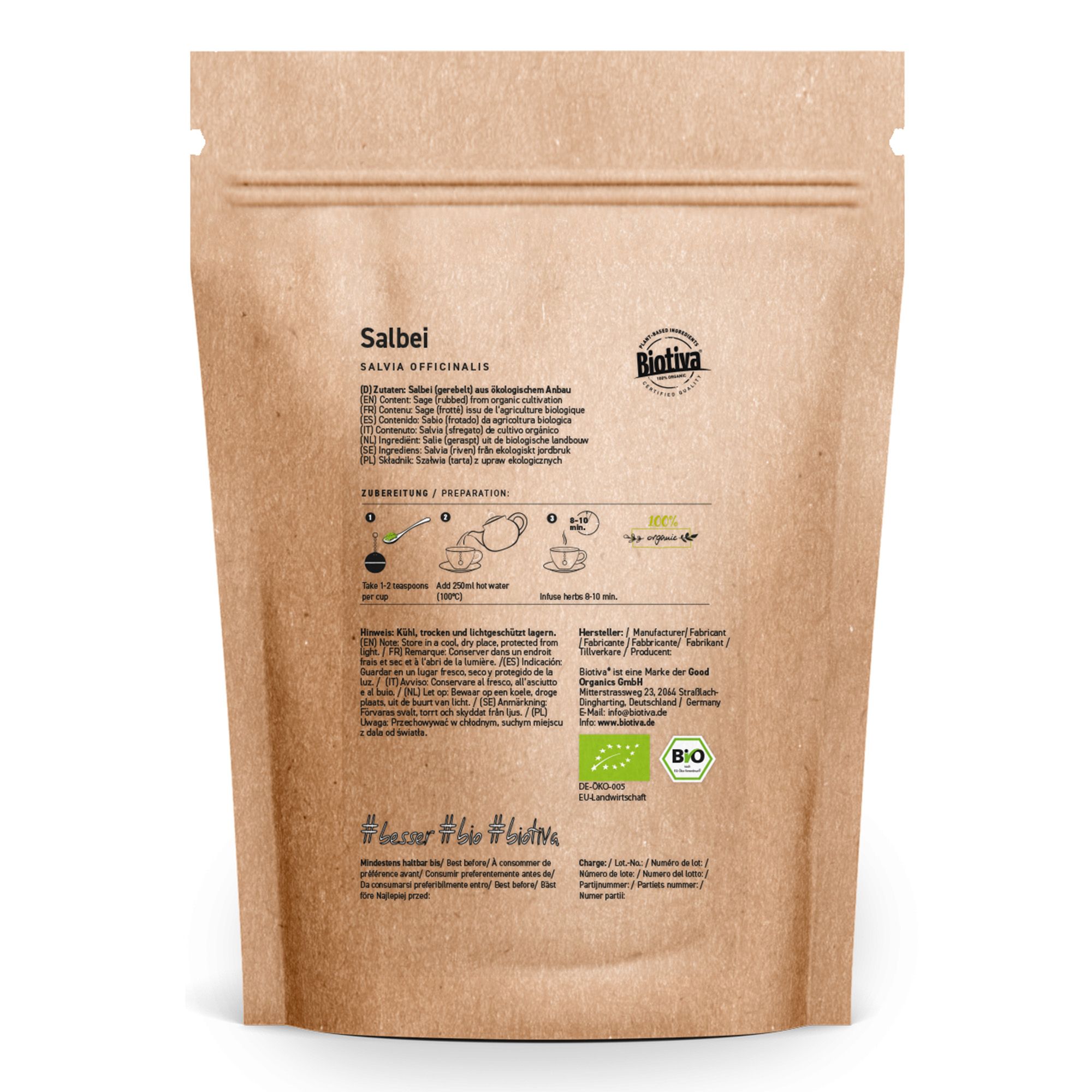 Rückseite einer Biotiva Salbei Tee Tüte mit Zubereitungshinweisen und Bio-Siegeln.