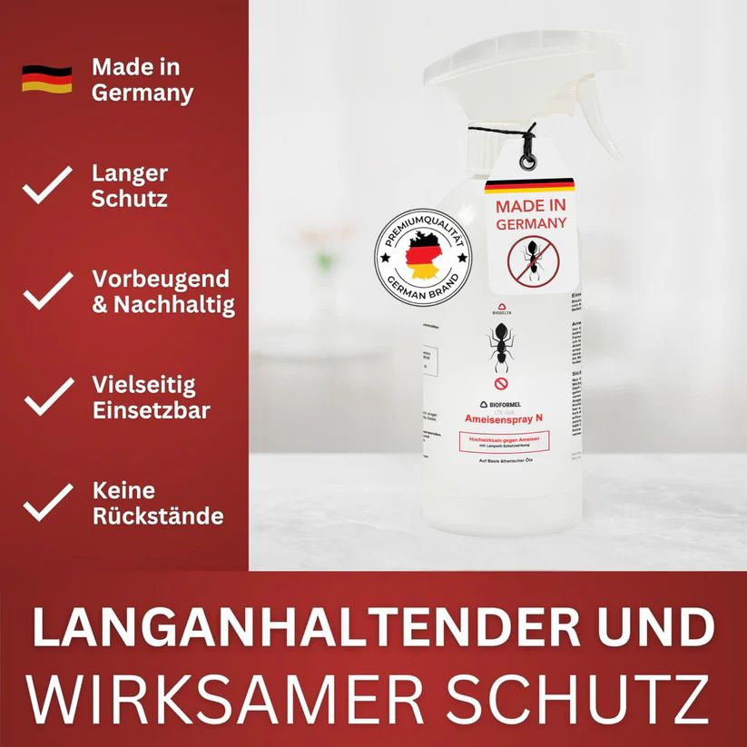 Weißes Sprühflasche mit Etikett 'Made in Germany'. Text: Ameisenspray N. Aufschrift: Premium Qualität, Langer Schutz, Vorbeugend & Nachhaltig, Vielseitig Einsetzbar, Keine Rückstände.