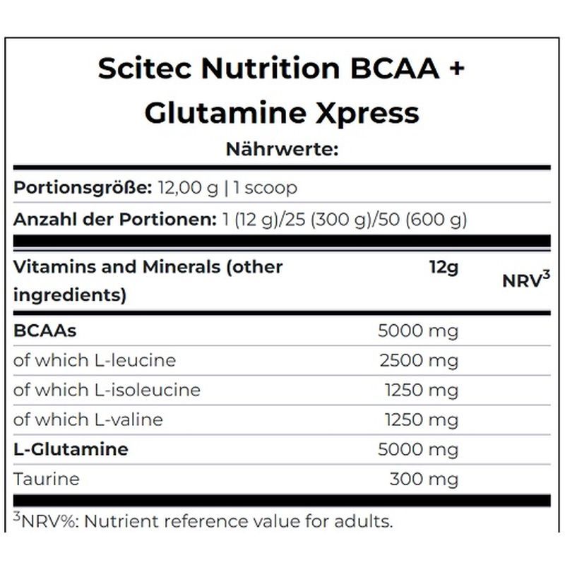 Nährwerttabelle für Scitec Nutrition BCAA + Glutamine Xpress. Angaben zu Portionen, Inhaltsstoffen, BCAA-Werten und Taurin.