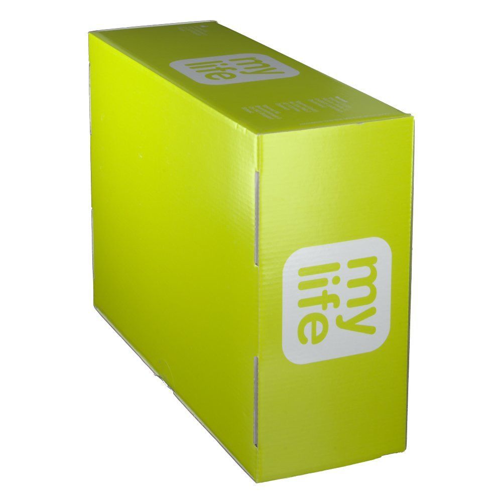 Grüne Verpackung des mylife Versorgungspaket. Aufschrift: mylife. YPSOMED-Logo. Seitenansicht.