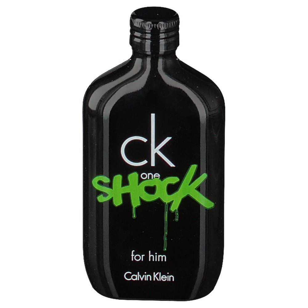 Schwarze Flasche mit grünem "Shock"-Schriftzug. "ck one" und "for him" sowie Calvin Klein-Logo.