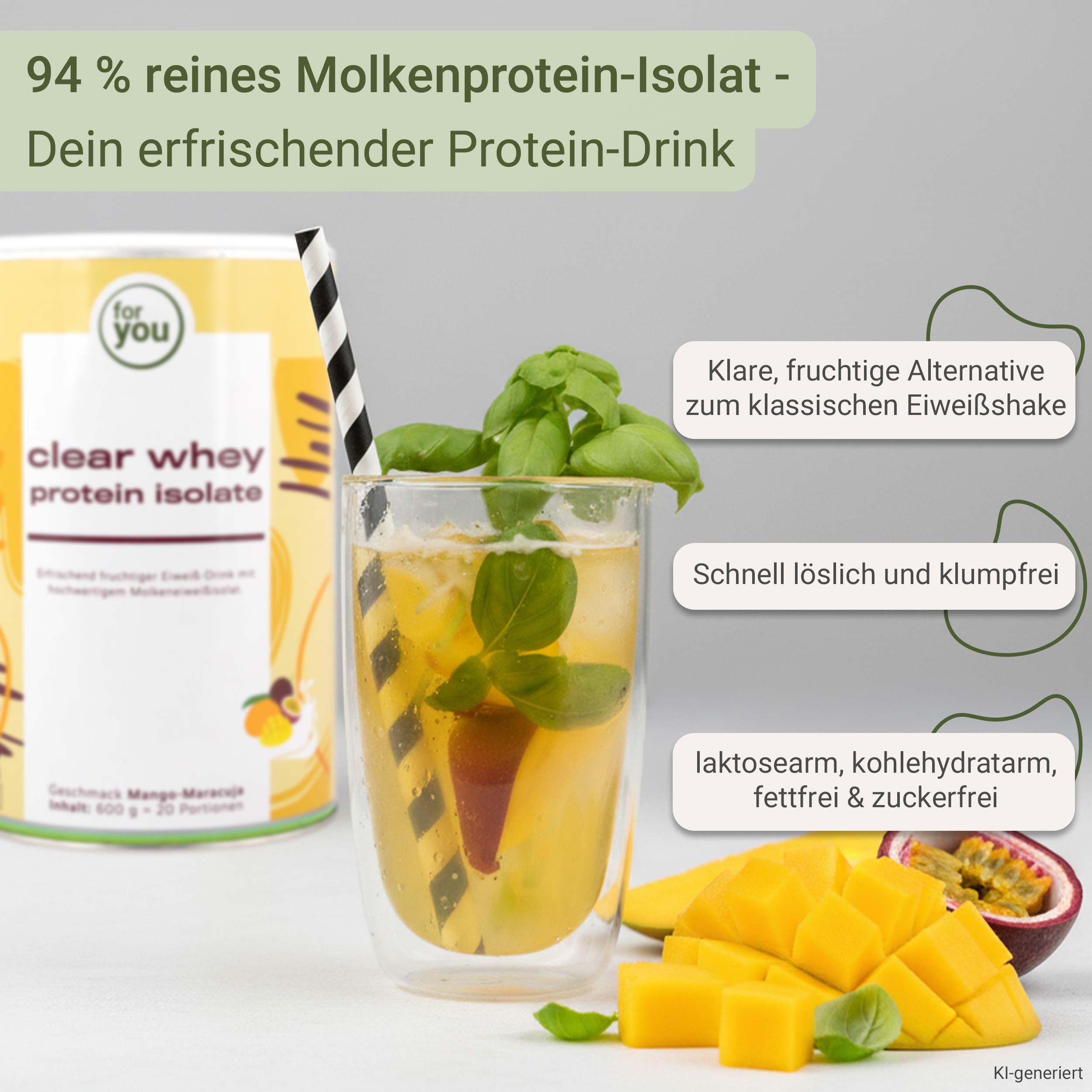 Clear Whey Protein Isolate Dose mit Mango-Maracuja Geschmack, daneben ein Glas mit Protein-Drink, Früchten und Minze.