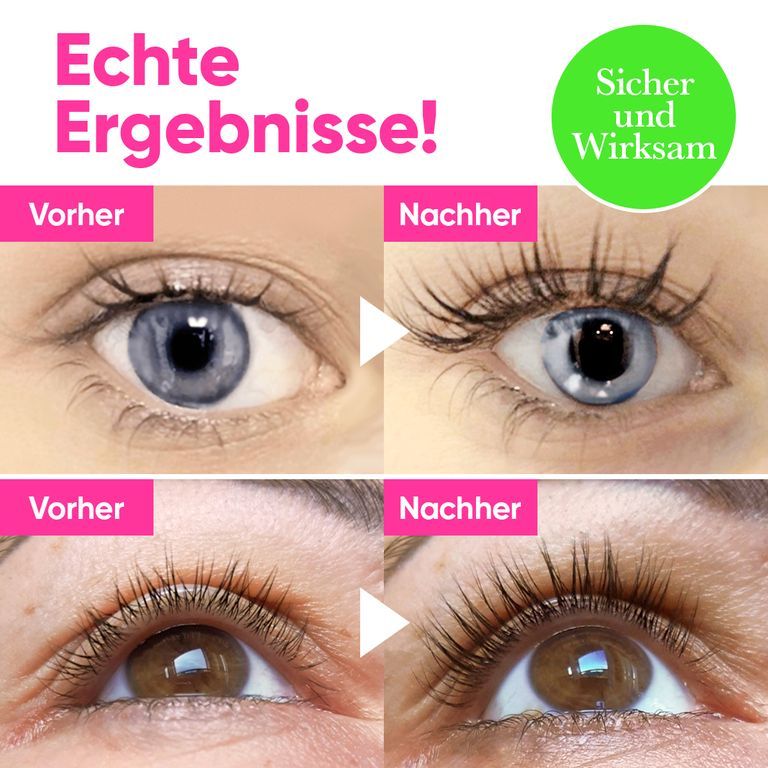 Vorher-Nachher-Bilder von Augen mit Luxe Lash Wimpernserum. Zeigt dichtere und längere Wimpern.