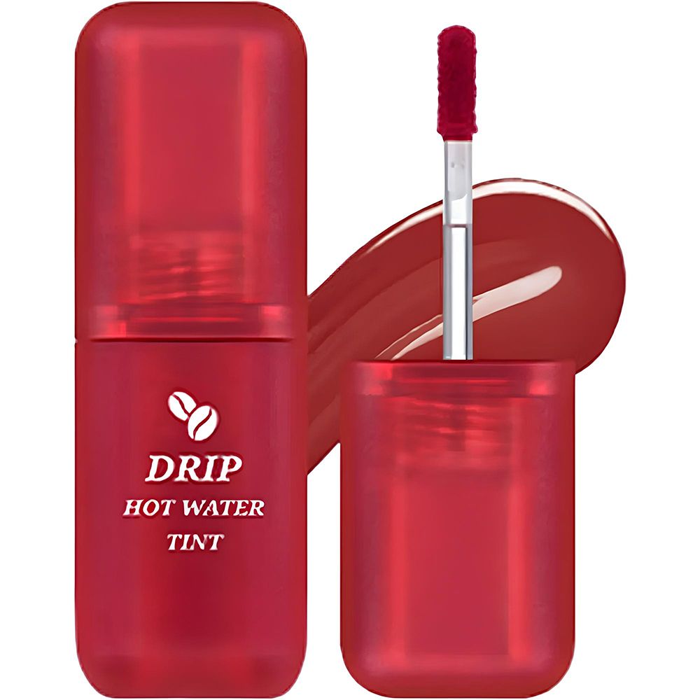 Roter Lip Tint mit Applikator und Farbmuster. Text: "Drip Hot Water Tint".