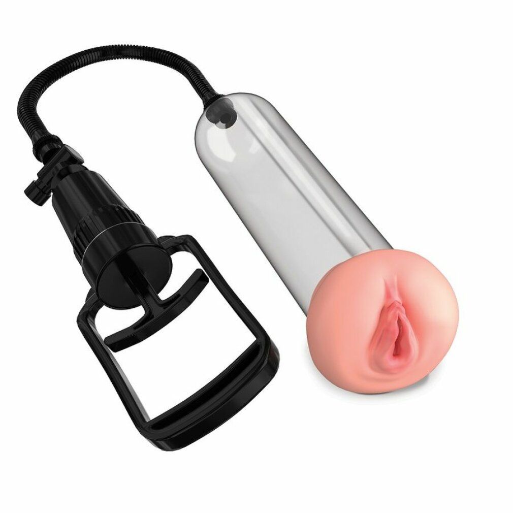 Pumpe mit Vagina-Öffnung, transparentem Zylinder, schwarzem Griff und Schlauch. Rosa Öffnung.