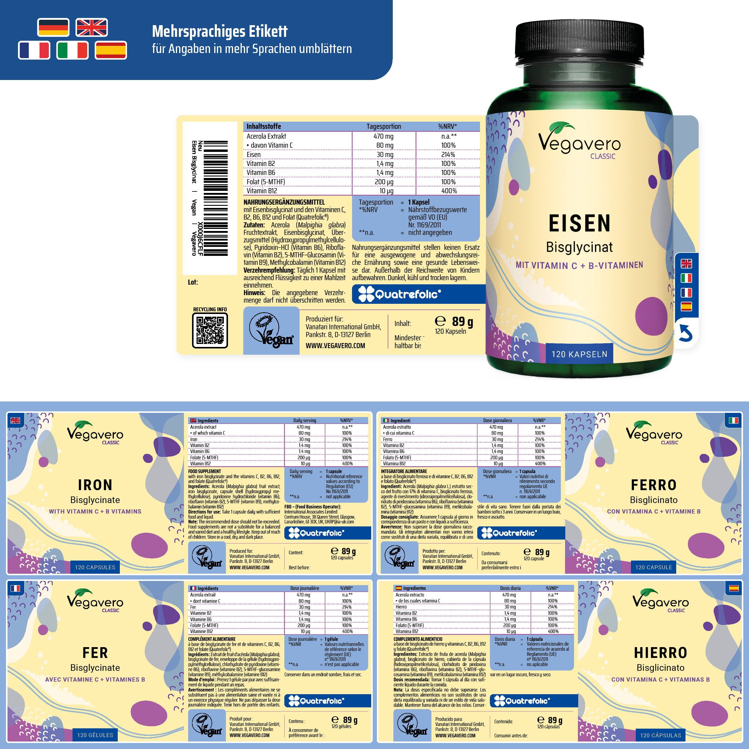Produktetikett mit Informationen in mehreren Sprachen. Flasche mit Kapseln. Marke: Vegavero.