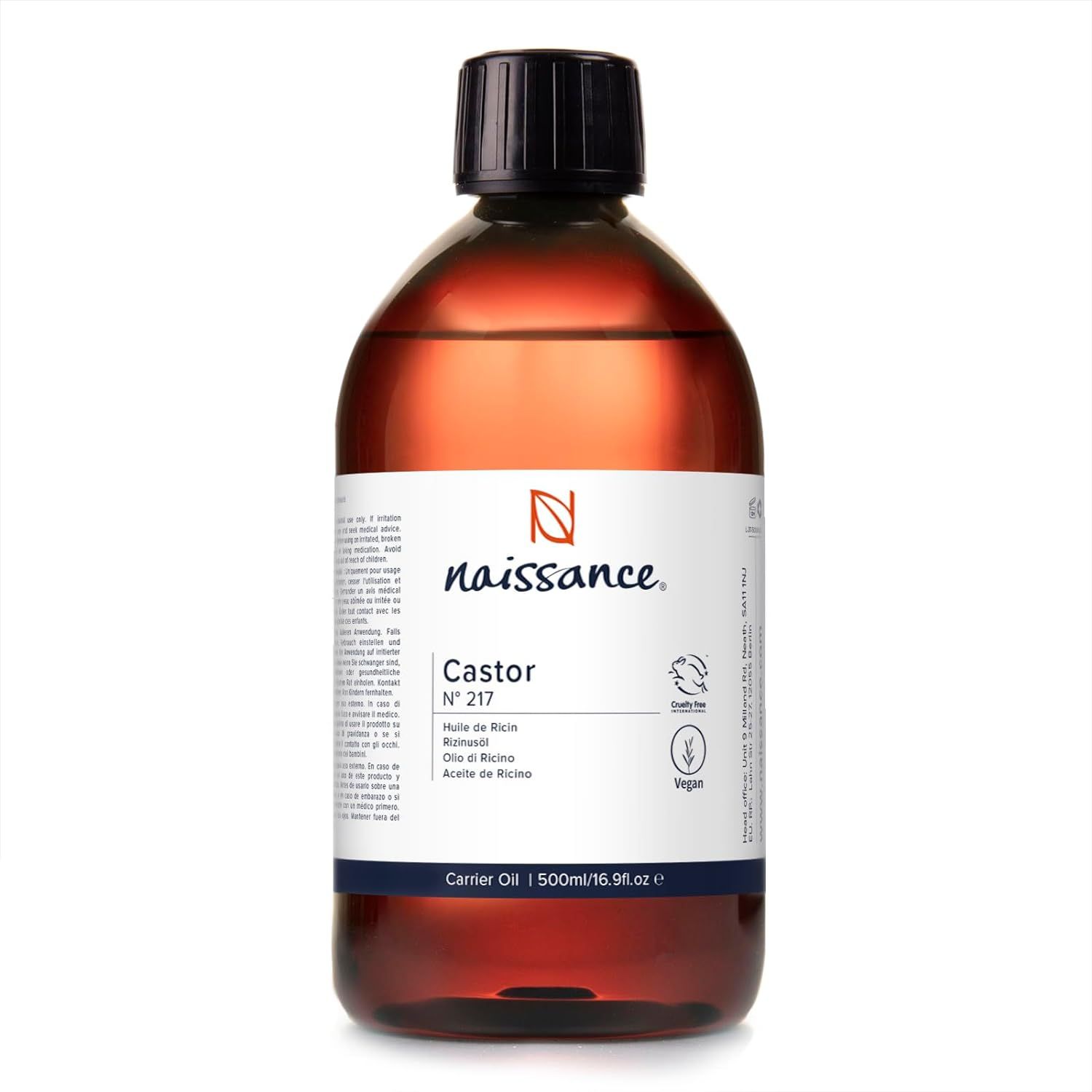Braune Flasche mit schwarzem Deckel. Aufschrift: Naissance, Castor N° 217, Vegan.