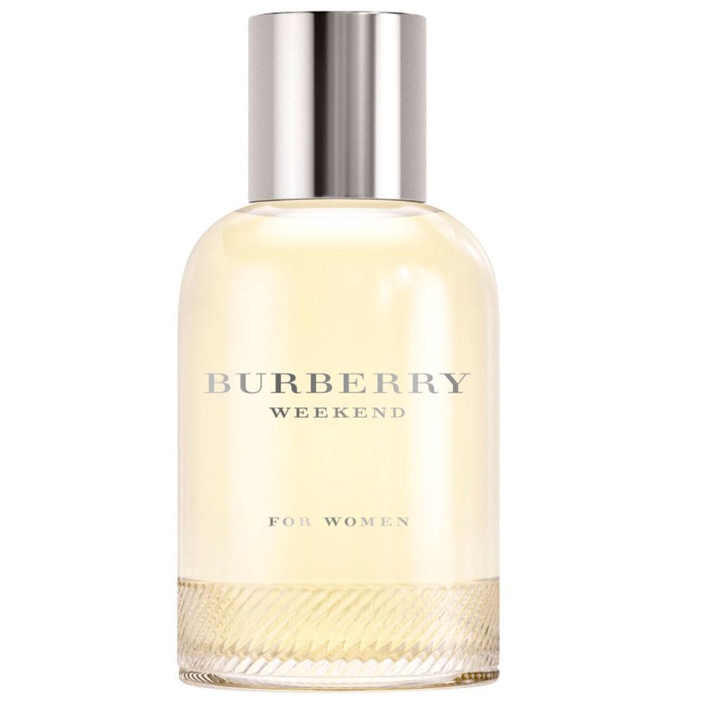 Parfümflakon mit silbernem Deckel. Aufschrift Burberry Weekend, For Women. Klarer Flakon mit gelblicher Flüssigkeit.