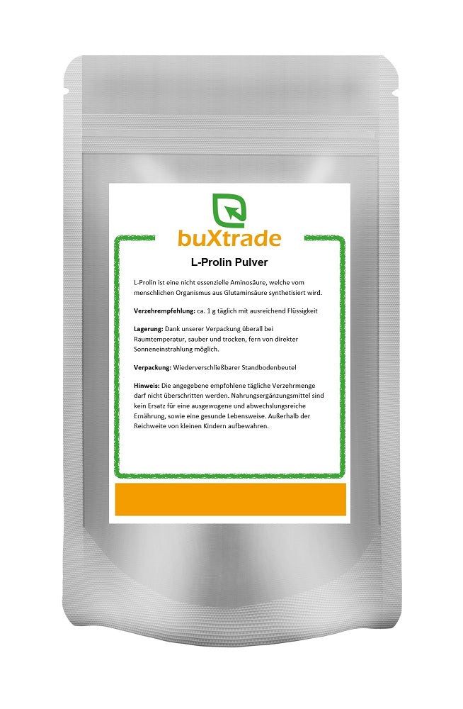 Beutel mit L-Prolin Pulver. Aufdruck: buXtrade, L-Prolin Pulver. Text mit Verzehrempfehlung und Lagerungshinweisen.