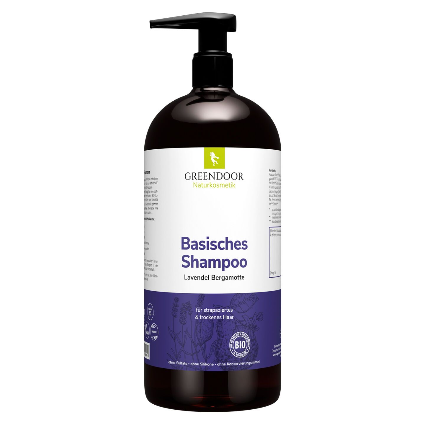 Braune Flasche mit schwarzem Pumpkopf. Etikett mit Text: GREENDOOR, Basisches Shampoo Lavendel Bergamotte, für strapaziertes & trockenes Haar.