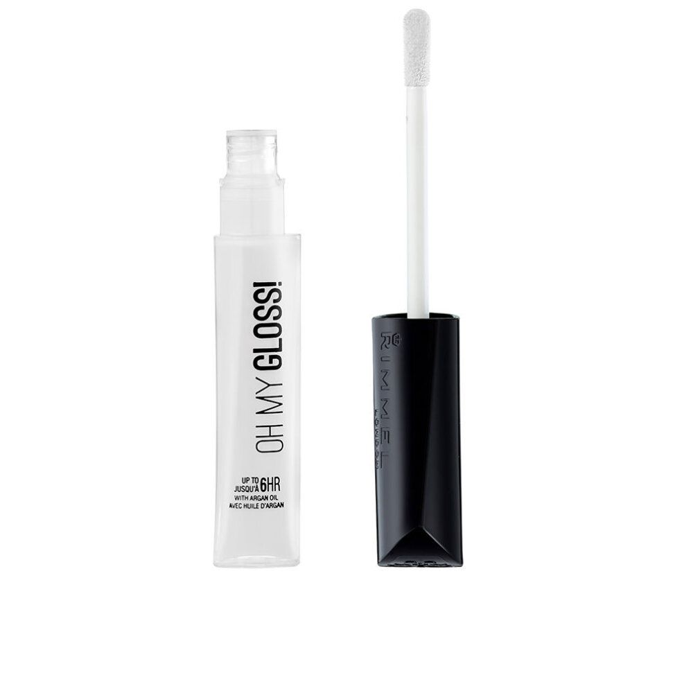 Transparenter Lipgloss-Behälter und Applikator. Aufschrift: OH MY GLOSS! und AQUA DETENTE.