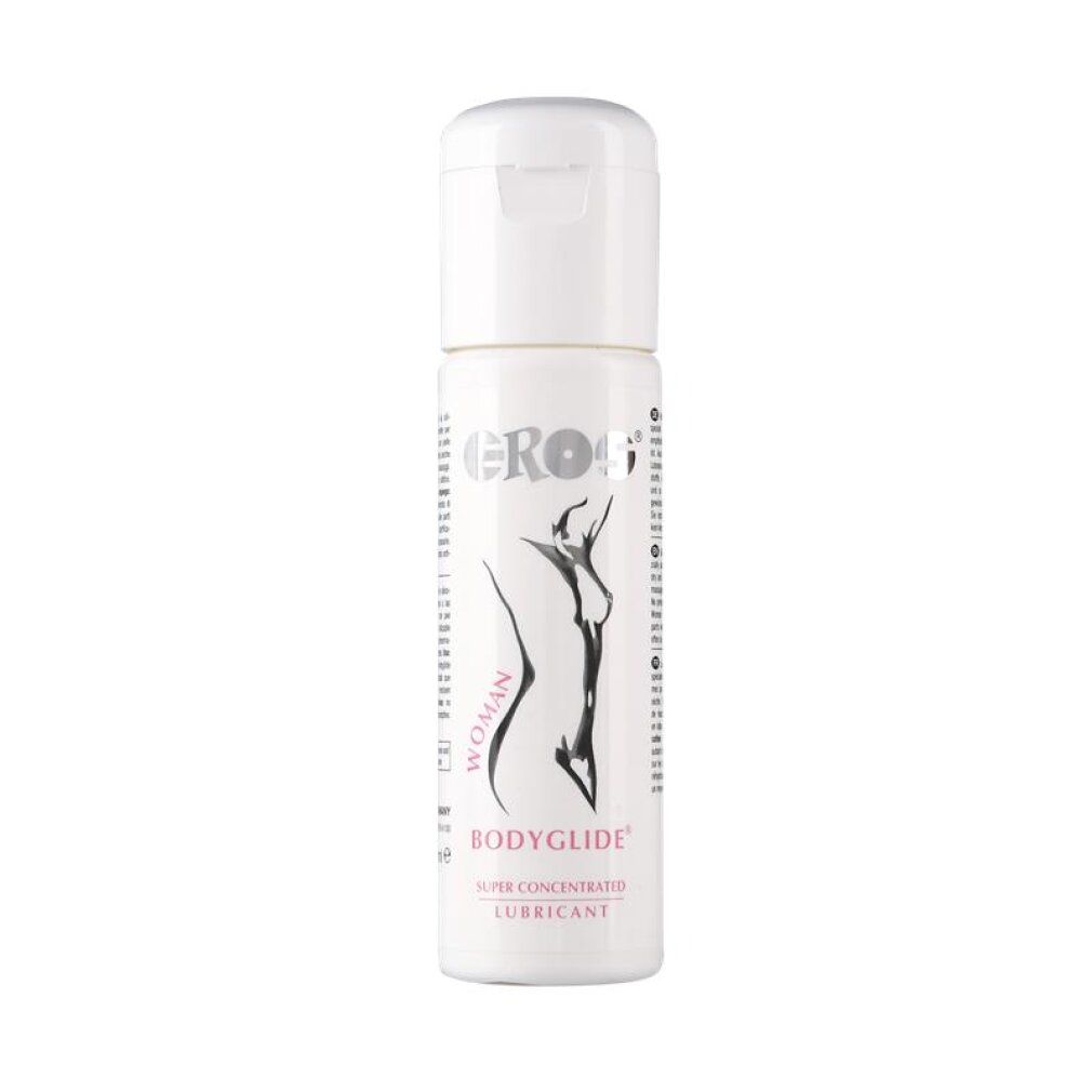 Weiße Flasche mit Bodyglide Silikon-Gleitgel für Frauen. Abgebildet ist eine stilisierte weibliche Silhouette.