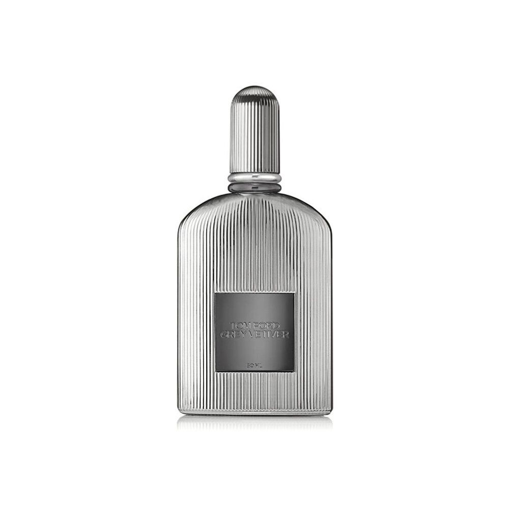 Silberfarbener Parfümflakon mit geriffelter Oberfläche. Text: TOM FORD GREY VETIVER.