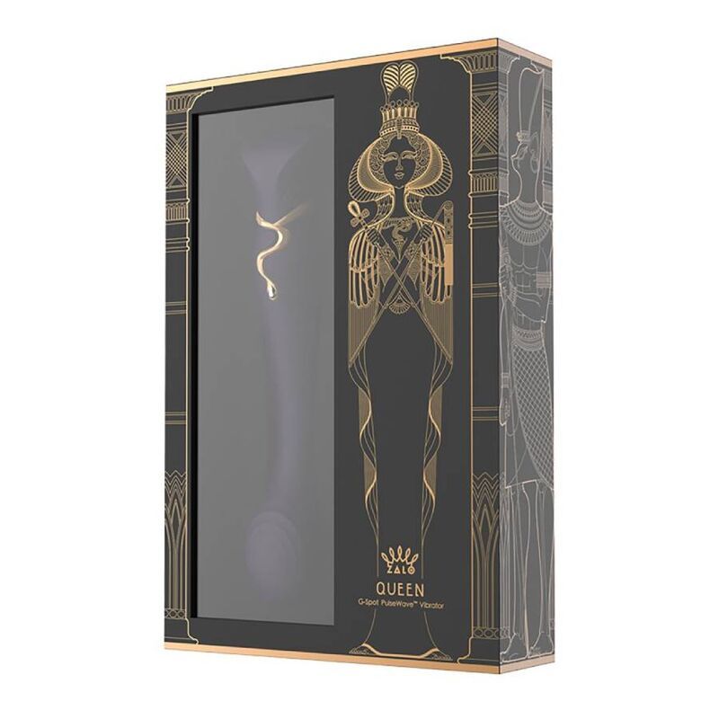Verpackung. Schwarze Box mit goldfarbenen Verzierungen und Produktabbildung. Text: Zalo Queen G-Spot Puls Wave Vibrator.