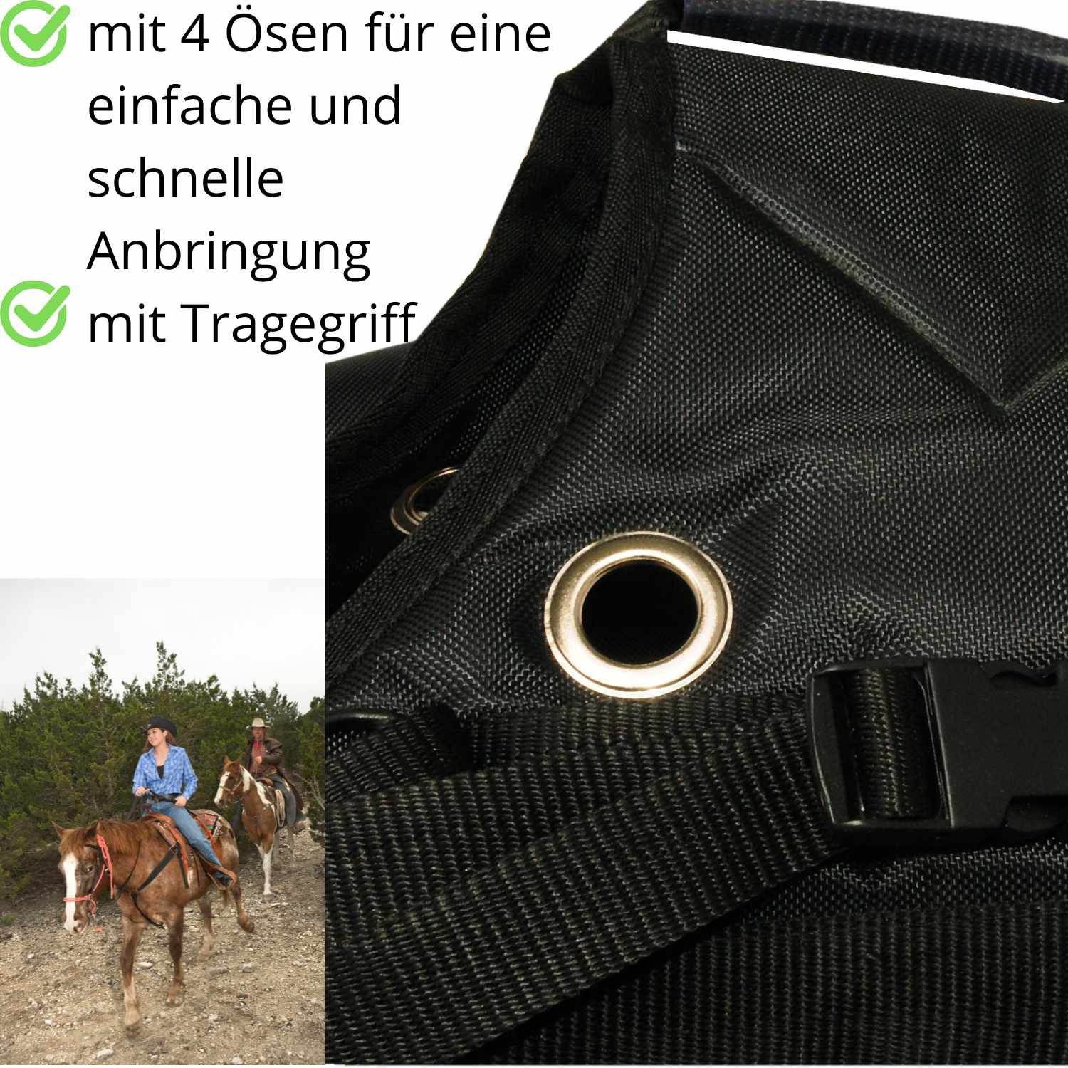 Schwarze Satteltasche mit Ösen und Schnalle. Text: mit 4 Ösen für eine einfache und schnelle Anbringung mit Tragegriff.
