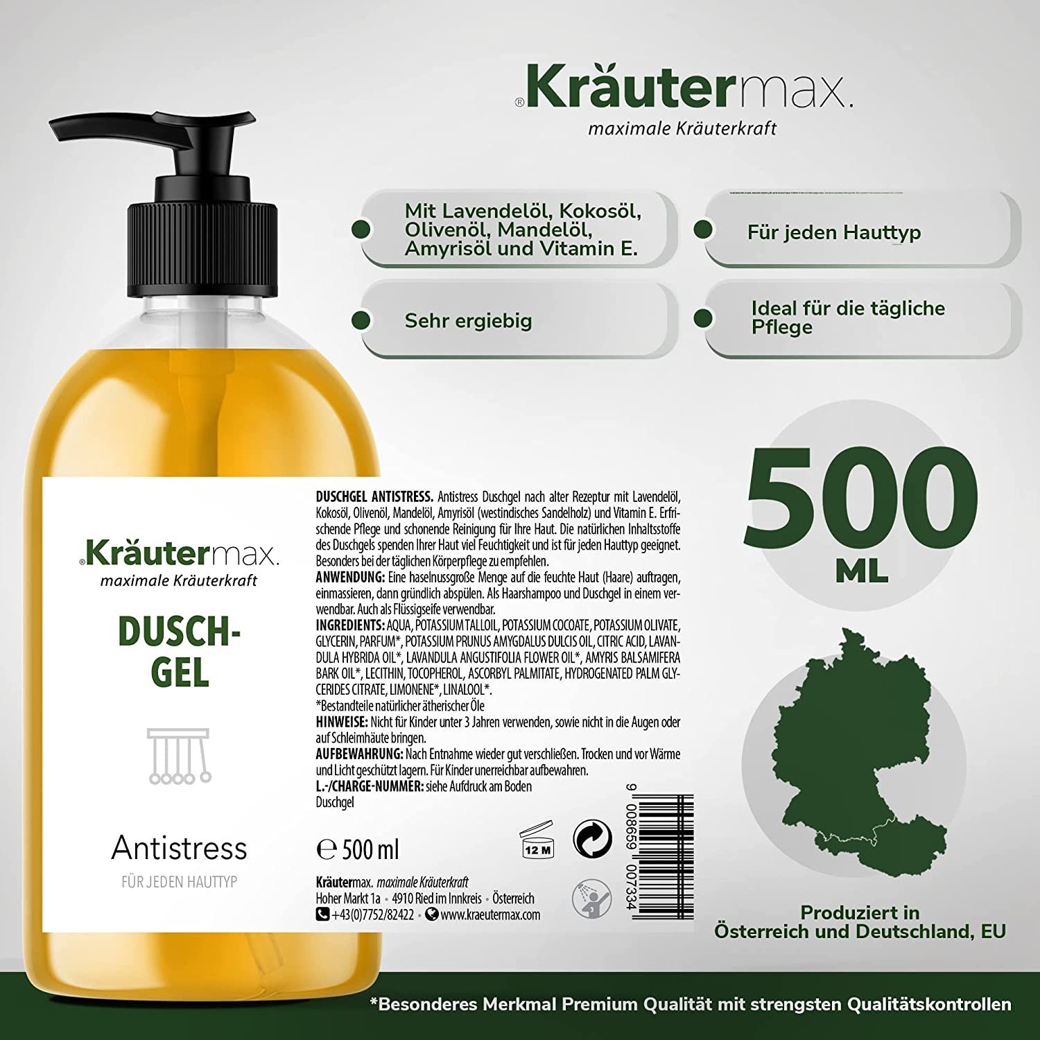 Gel-Spender mit gelbem Inhalt. Aufschrift: Kräutermax Duschgel Antistress. Text: 500 ml. Hergestellt in Österreich und Deutschland.
