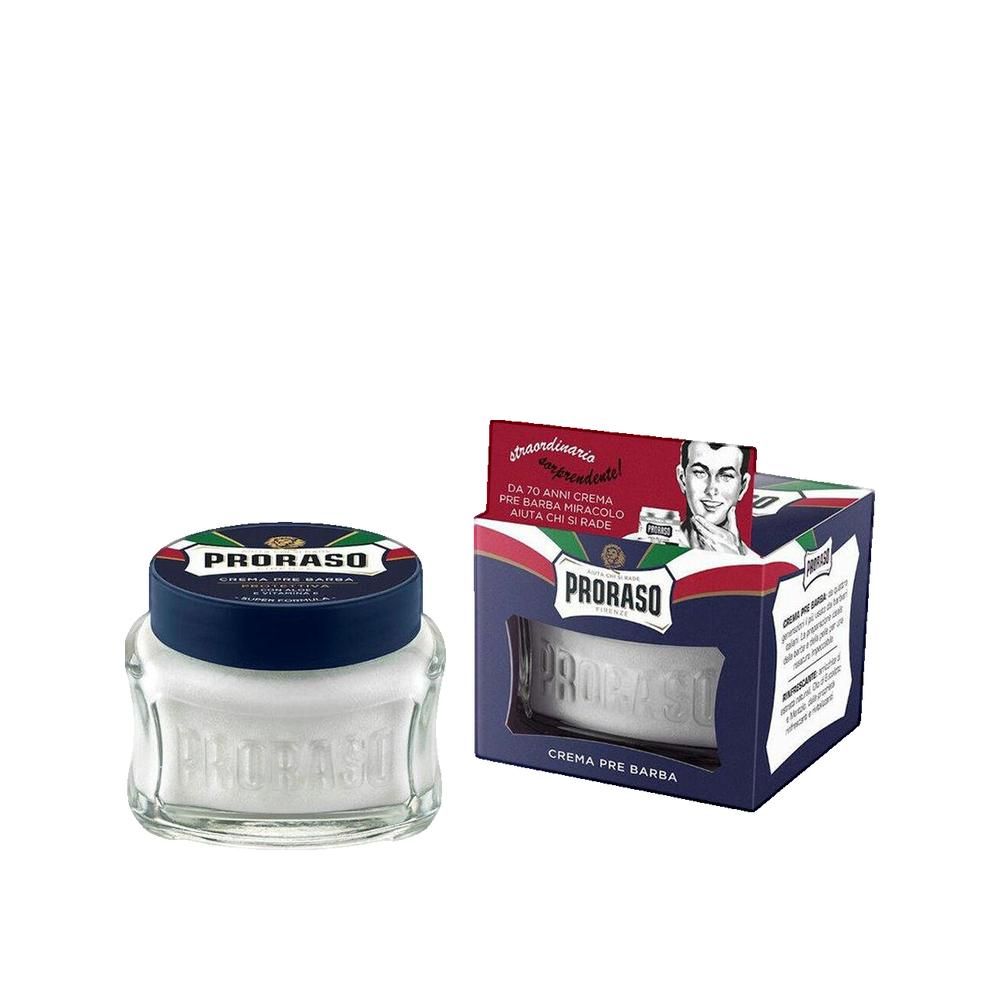 Glasbehälter mit blauem Deckel, Produktname und Schriftzug. Daneben eine Schachtel mit Produktname und Abbildung eines Mannes.