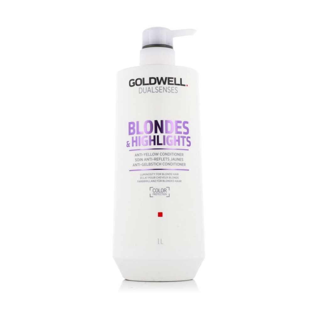 Goldwell Dual Senses Conditioner. Weiße Flasche mit Pumpe. Aufschrift: Blondes & Highlights, Anti-Gelbstich Conditioner. 1L.