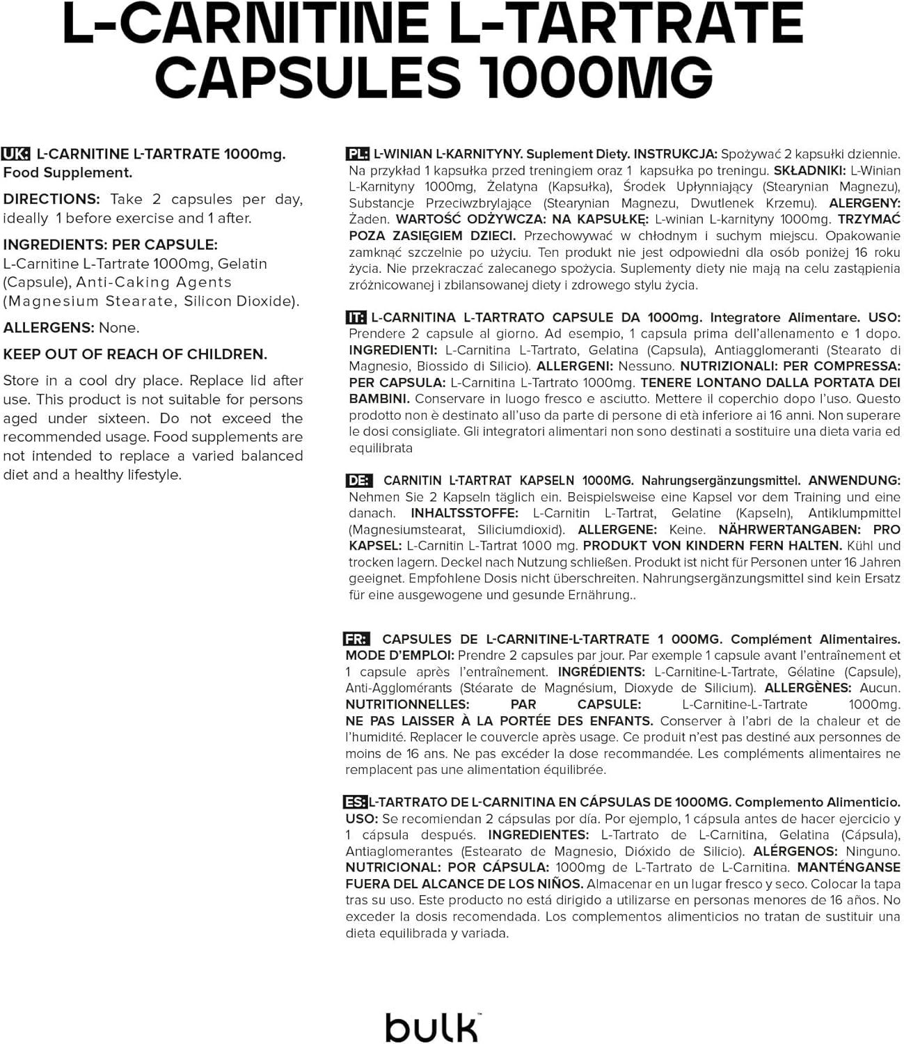 Textseite mit Informationen zu L-Carnitin L-Tartrat Kapseln. Enthält Angaben zu Inhaltsstoffen, Anwendung und Warnhinweisen.