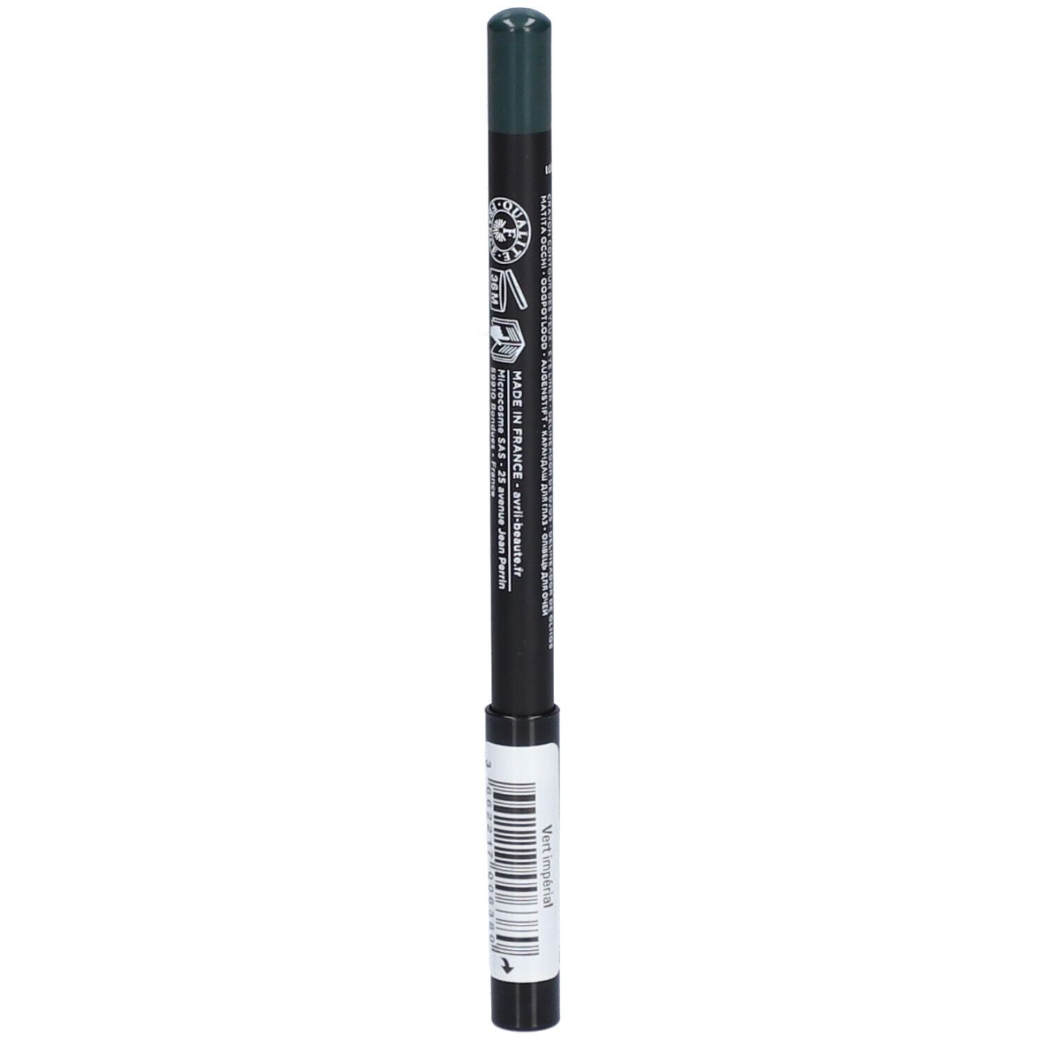 Grüner Augenstift. Schwarzer Stift mit grünem Ende. Text: Vert Impérial.