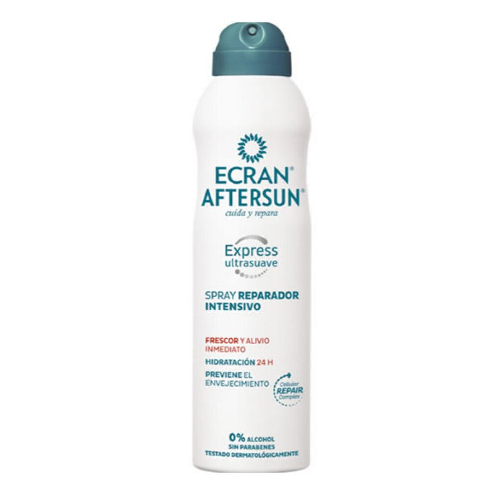 ECRAN After Sun Reparaturspray mit kühlendem Effekt. Flasche mit Sprühkopf.