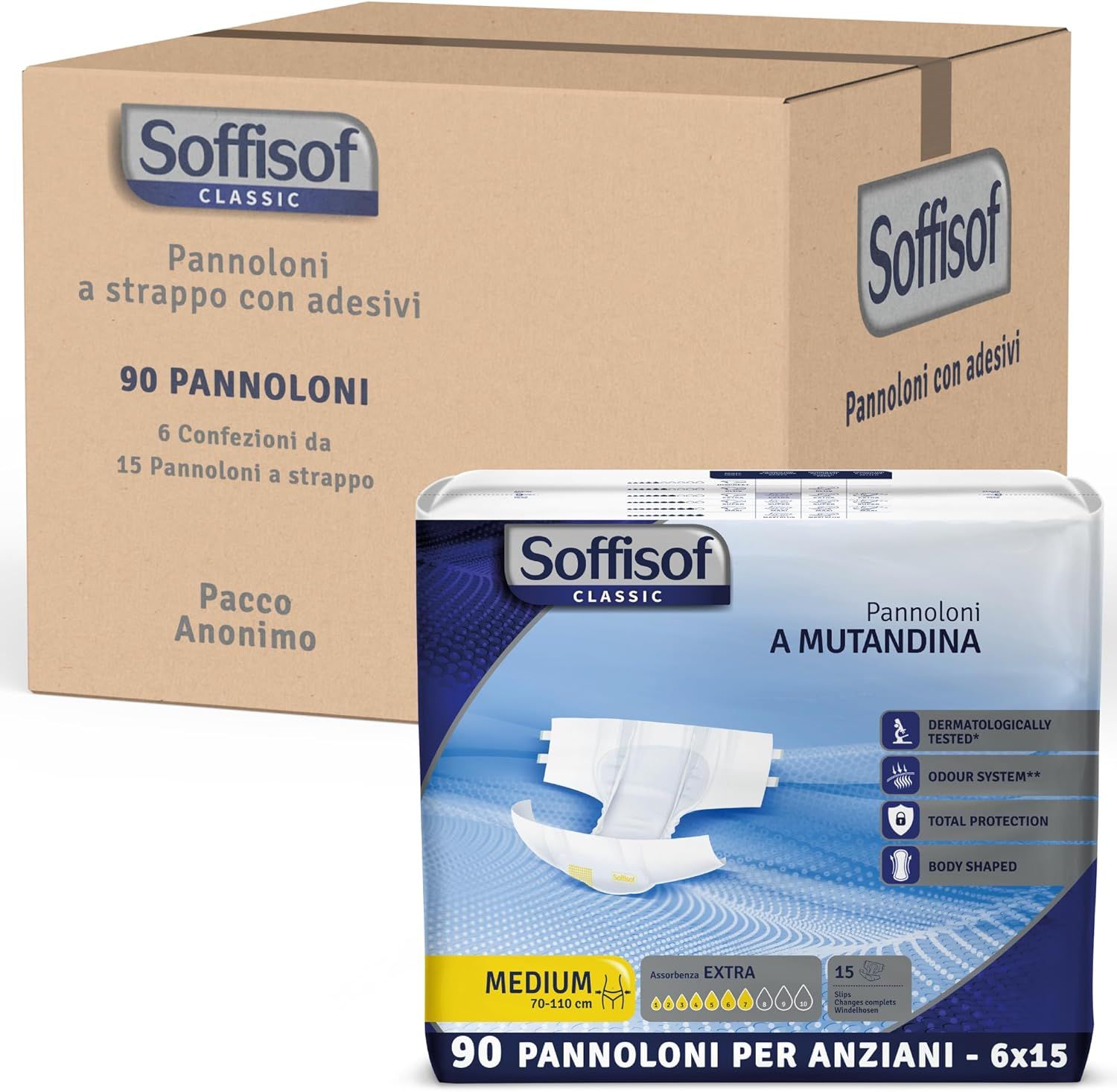 Soffisof Classic Windeln für Erwachsene Extra. Verpackung mit Windeln und Karton. 90 Stück. Medium.