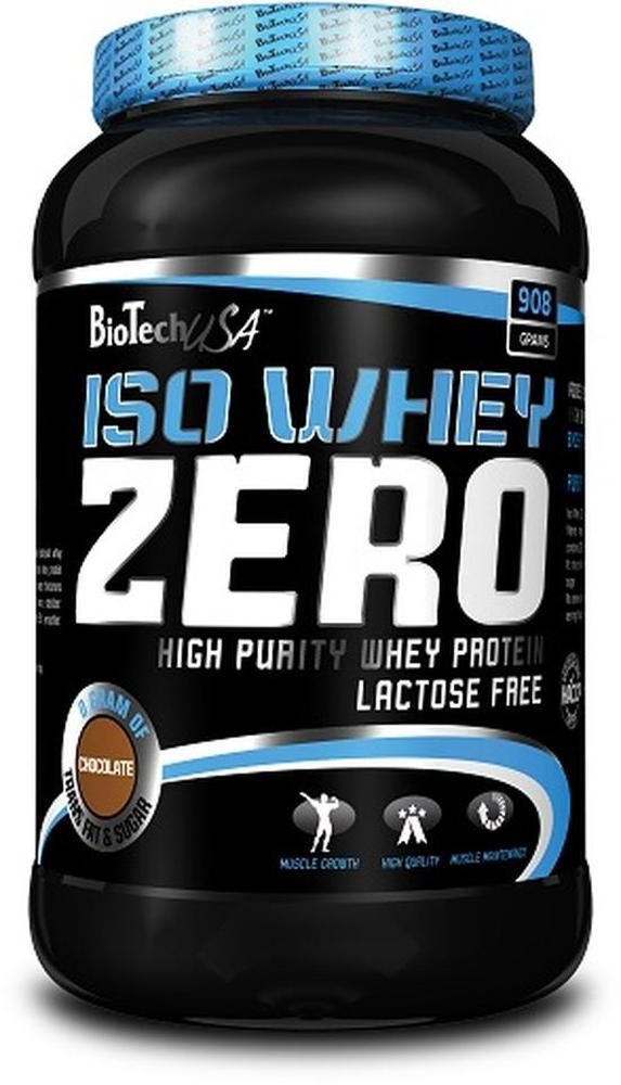 Schwarze Dose Biotech USA Iso Whey Zero, 908g. Blaue Kappe, blaue Akzente. Text: High Purity Whey Protein, Lactose Free.