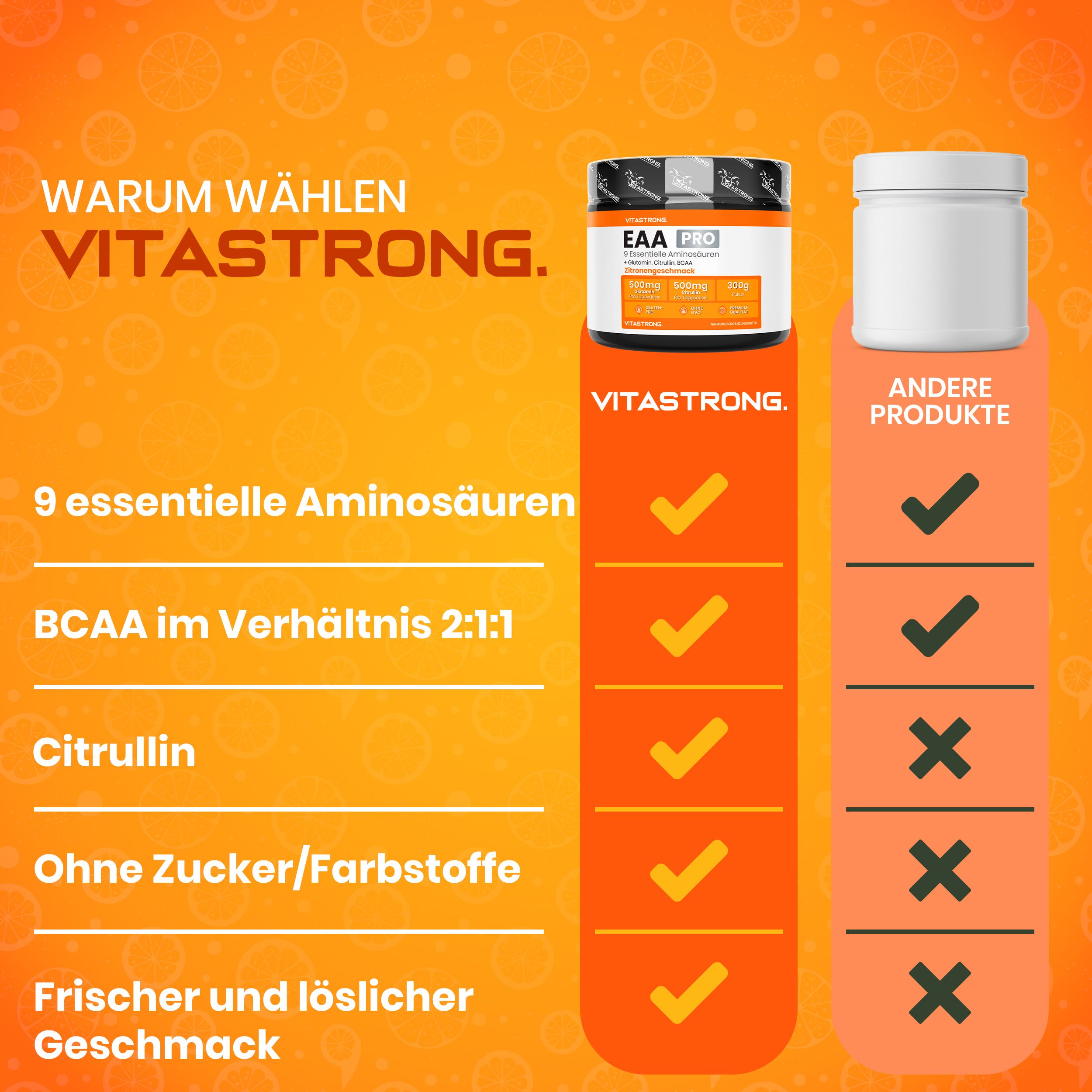 Vitastrong EAA PRO Zitrone. Dose mit Pulver. Vergleich mit anderem Produkt. Text: 9 essentielle Aminosäuren, BCAA.