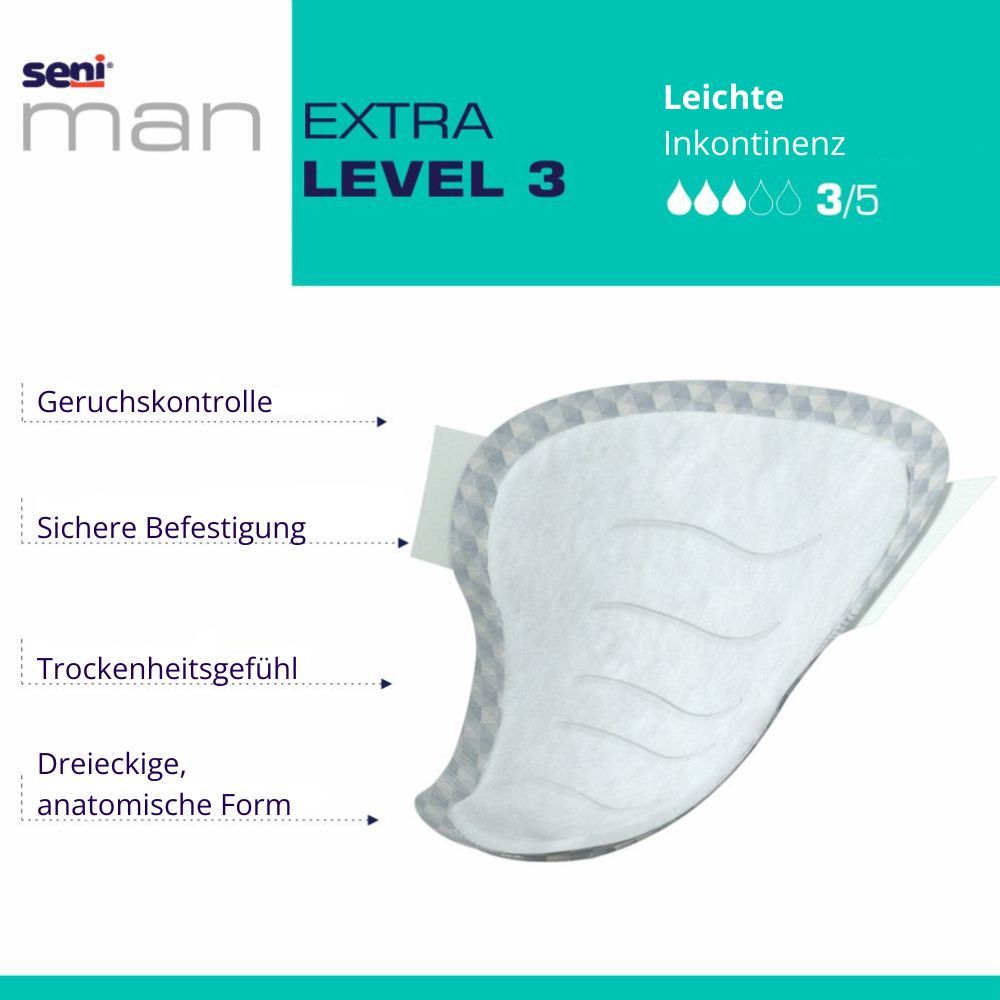 Seni Man Extra Level 3. Anatomische Einlage mit hervorgehobenen Merkmalen: Geruchskontrolle, sichere Befestigung, Trockenheitsgefühl.
