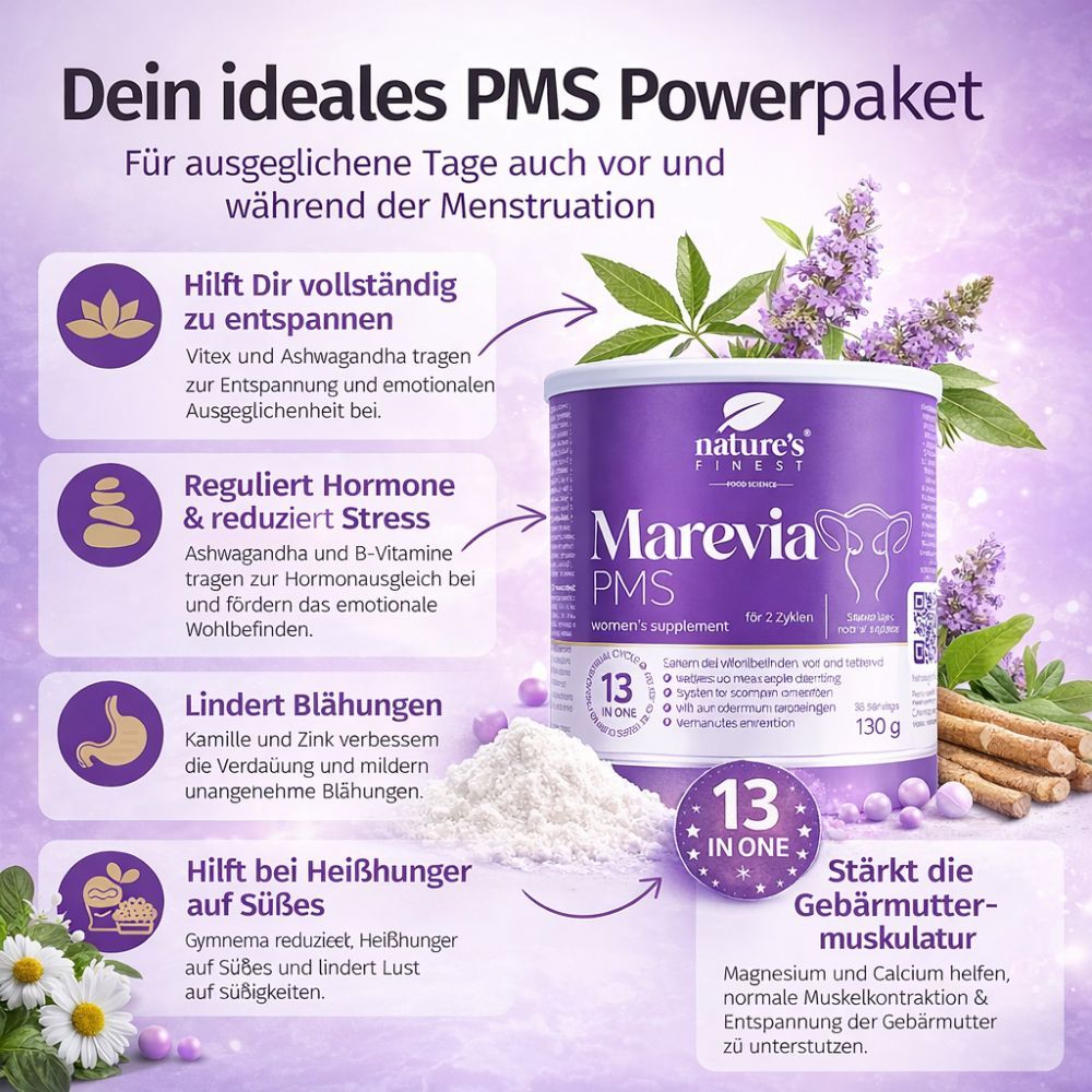 Produkt mit lila Dose, Marevia PMS, Nature's Finest. Text und Illustrationen zu Inhaltsstoffen und Wirkung. Hintergrund mit Blüten und Kräutern.