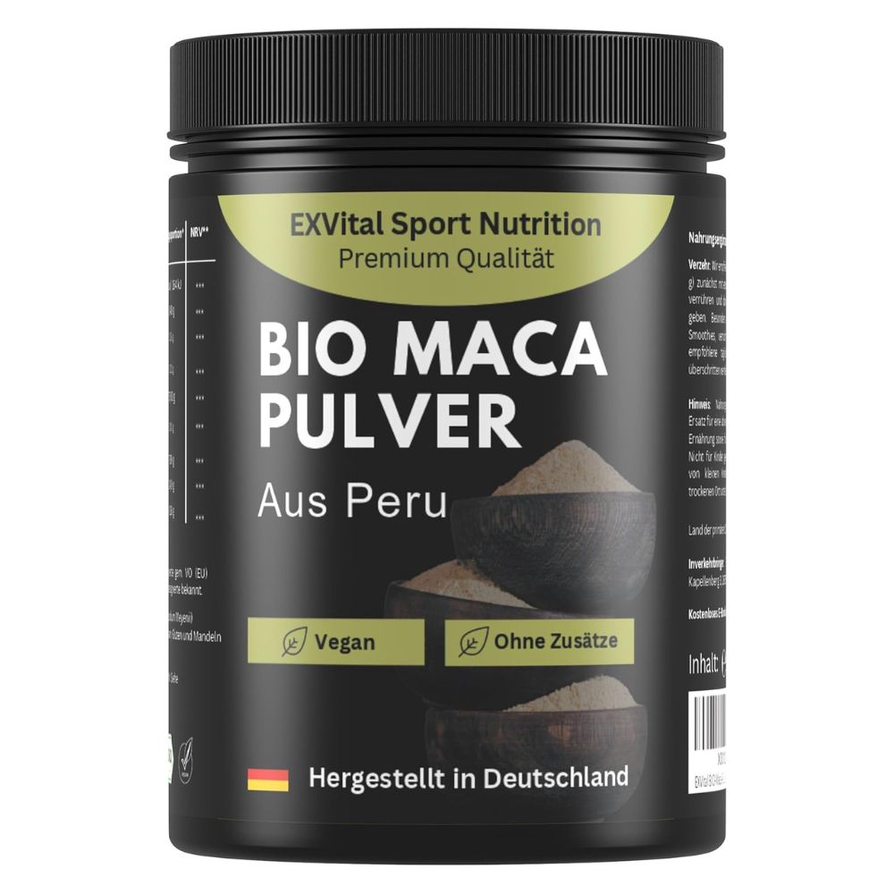 Schwarze Dose mit BIO Maca Pulver. Aufschrift: BIO MACA PULVER Aus Peru. Vegan und ohne Zusätze. Hergestellt in Deutschland.