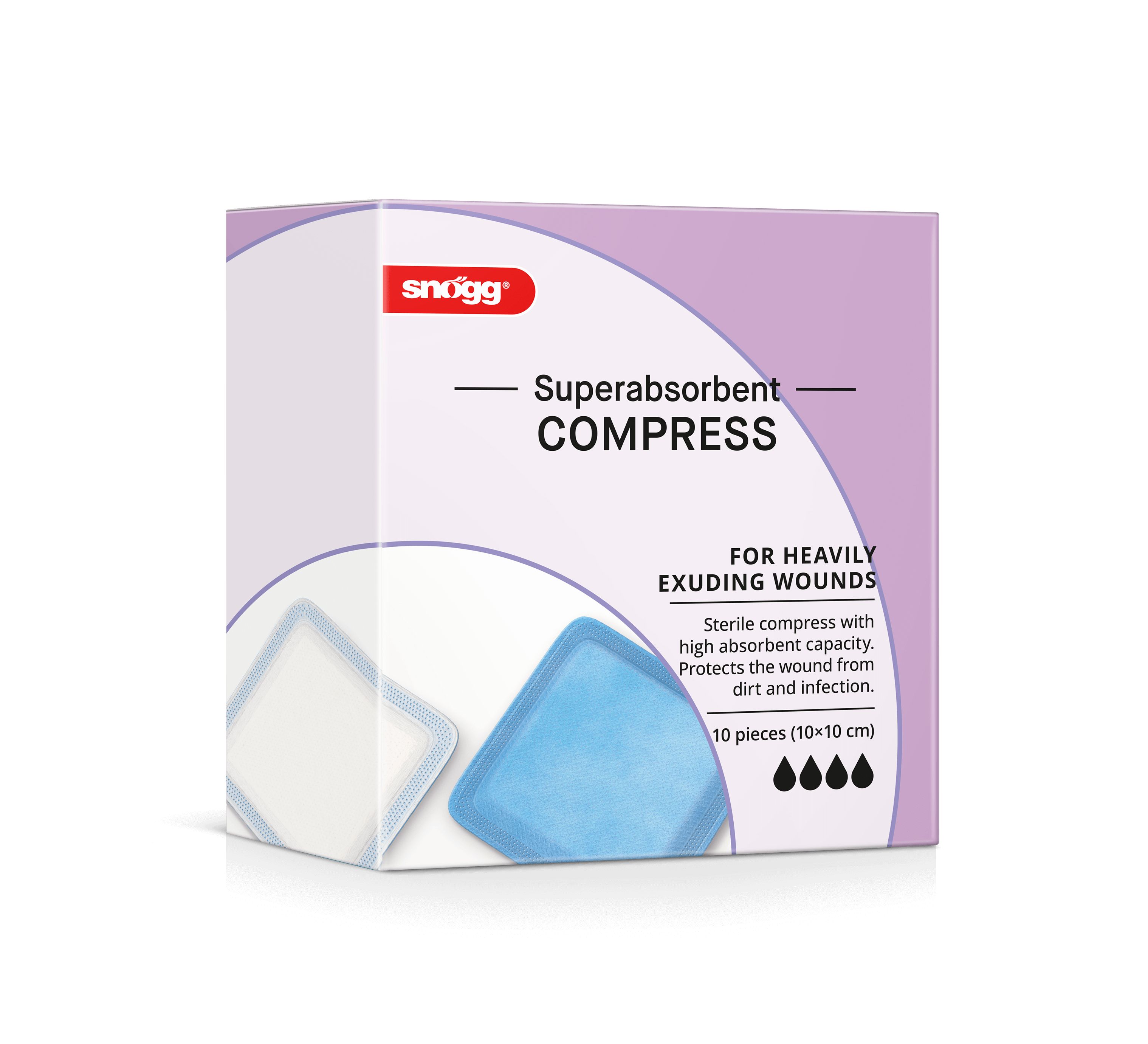Verpackung von Snögg Superabsorbent COMPRESS. Blaue und weiße Kompressen abgebildet. Text: Für stark exsudierende Wunden.