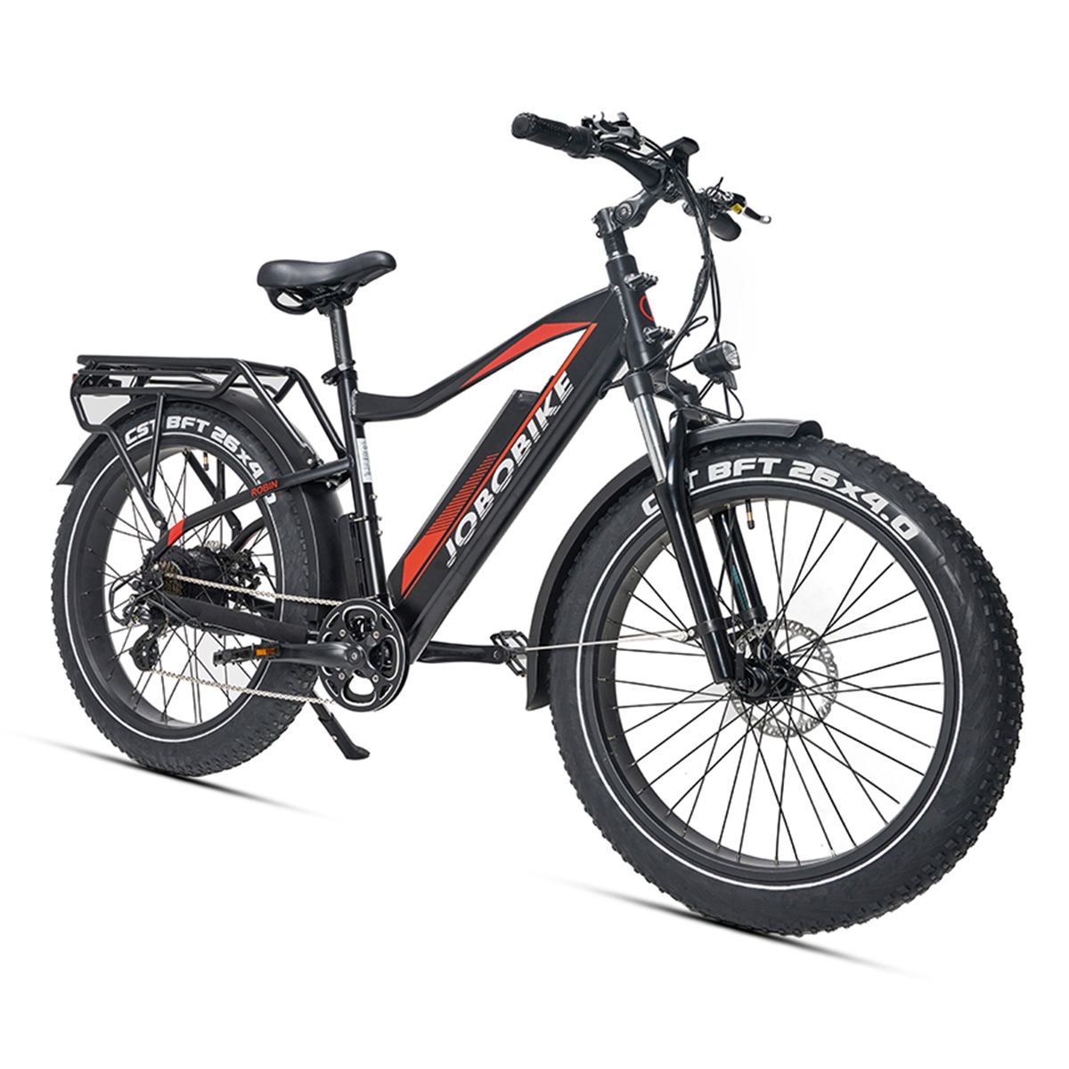 Schwarzes JOBOBIKE Robin E-Bike mit roten Akzenten. Große Reifen, Gepäckträger, Schutzbleche. JOBOBIKE-Logo am Rahmen.