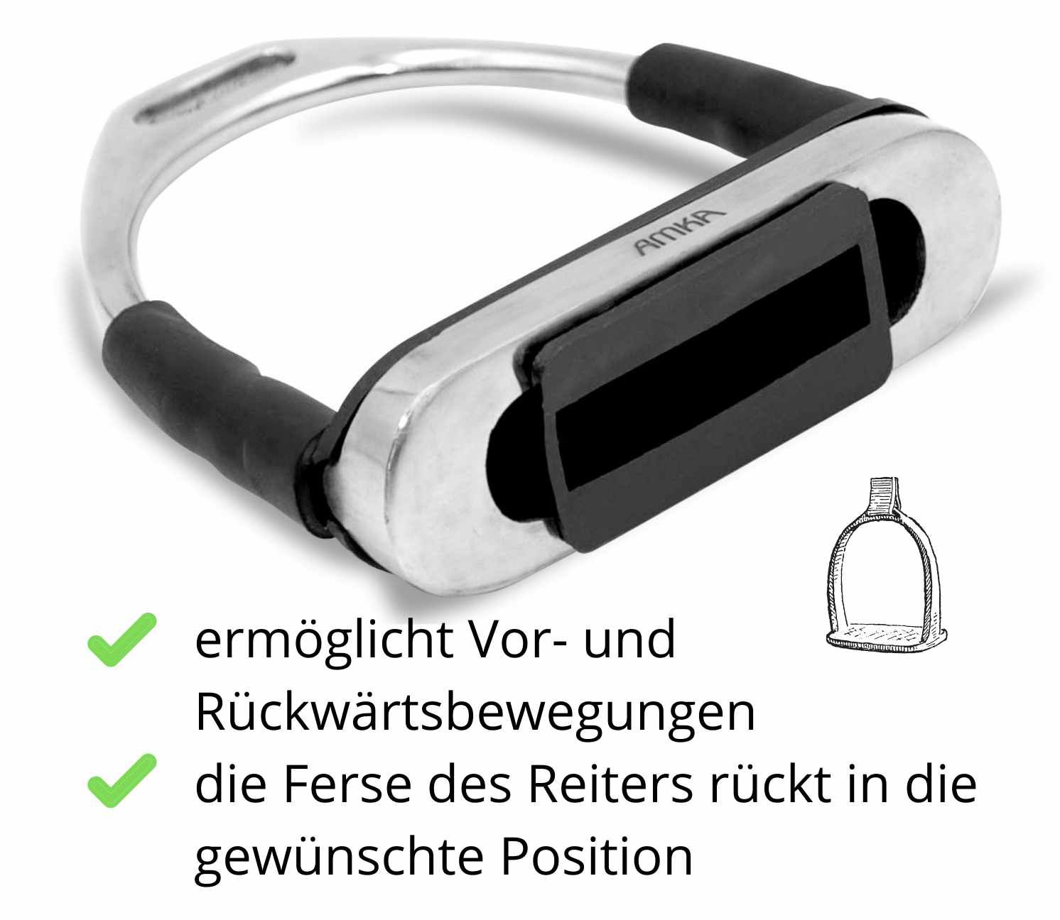 Steigbügel mit AMKA-Logo. Text: ermöglicht Vor- und Rückwärtsbewegungen, Ferse in gewünschter Position. Skizze.