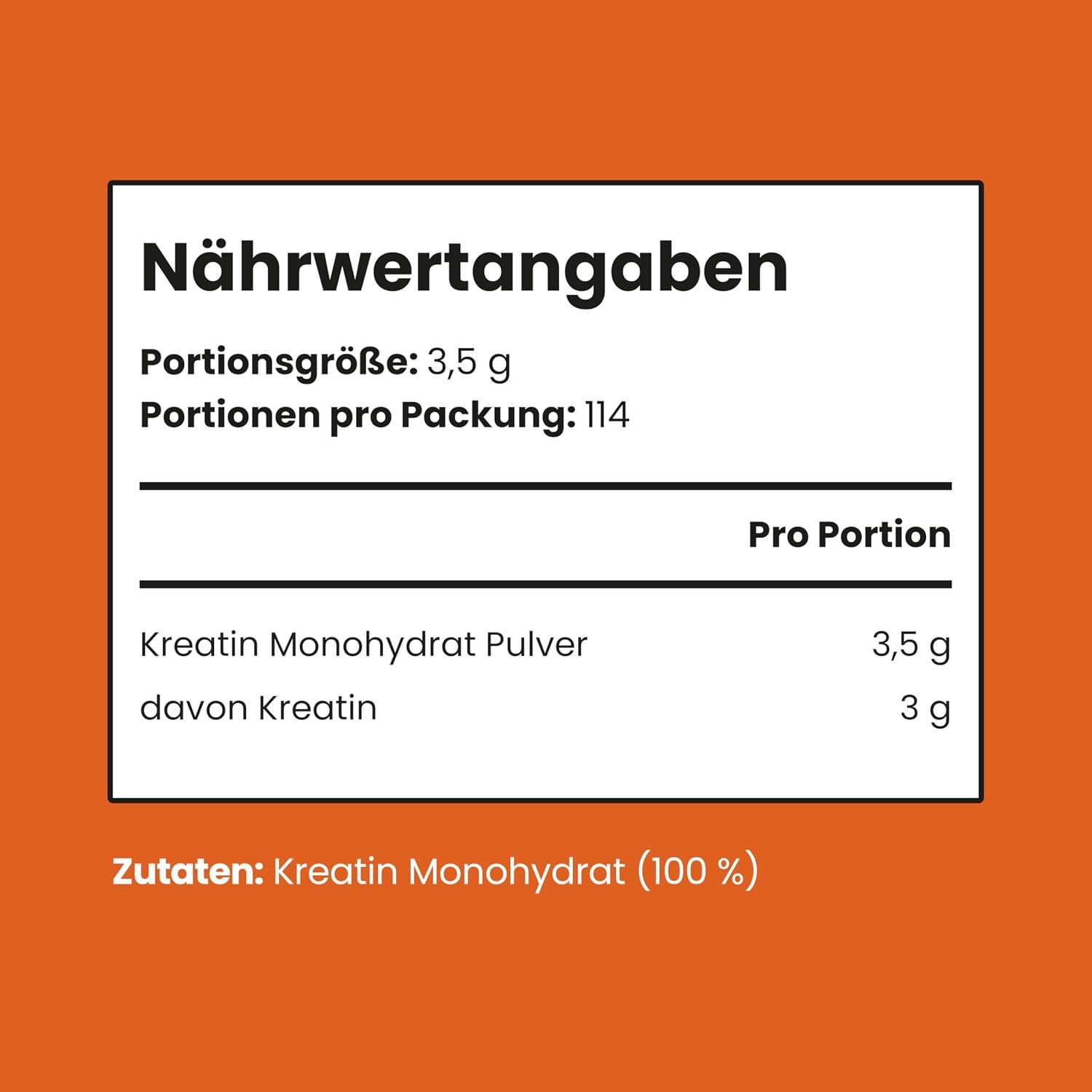 Nährwertangaben für Kreatin Monohydrat Pulver.