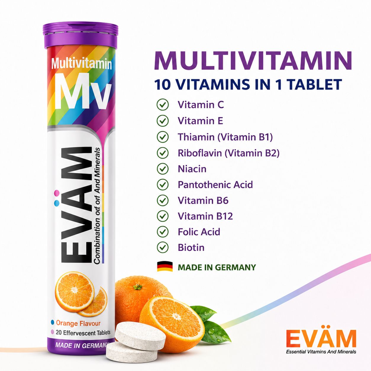 EVÄM Multivitamin Brausetabletten: 10 Vitamine in 1 Tablette, Orange, 20 Stück, Made in Germany.
