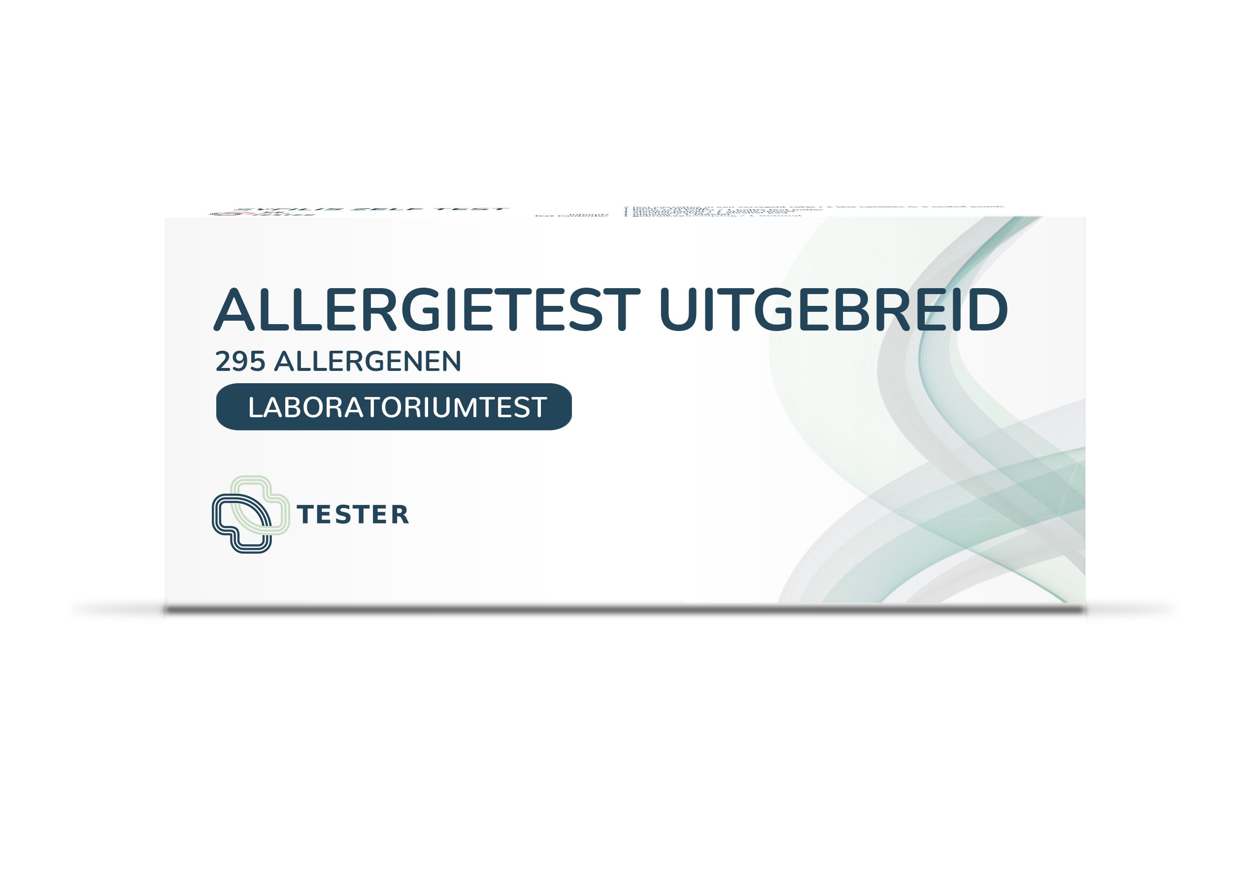 Weißer Karton mit Aufschrift "ALLERGIETEST UITGEBREID". Enthält 295 Allergene. Logo und Schriftzug "TESTER".