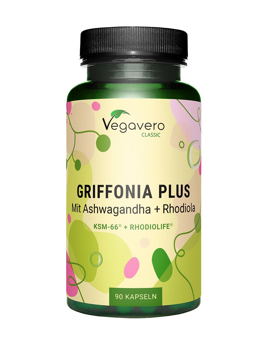 Grüne Flasche mit schwarzen Deckel. Aufschrift: Griffonia Plus, 90 Kapseln. Marke: Vegavero.