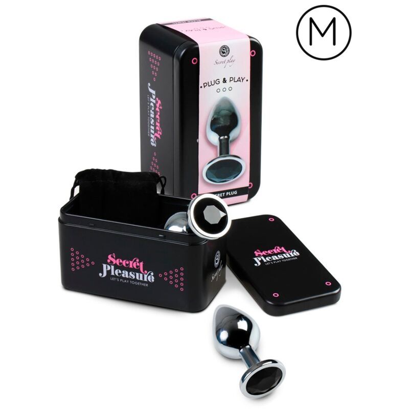 Produktverpackung. Schwarze Dose mit Analplug, schwarzem Beutel und Deckel. Rosa Akzente und Schriftzug.